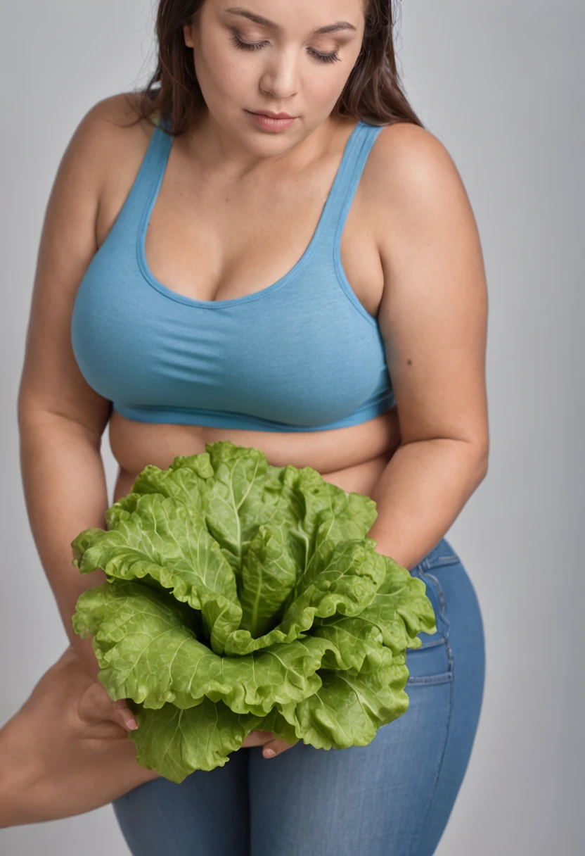 Mulher gorda na horta, barriga gorda, gordura abdominal saltando para fora da roupa, muito gorda, obesidade, usando camiseta branca, e short esportivo azul, segurando uma uma folha de alface folha muito grande, holding with his hand a large lettuce leaf, folha de alface grande em sua frente, mulher gorda,  pele brilhante segurando uma folha de alface gigante, segurando uma folha de alface grande, mostrando folha de alface