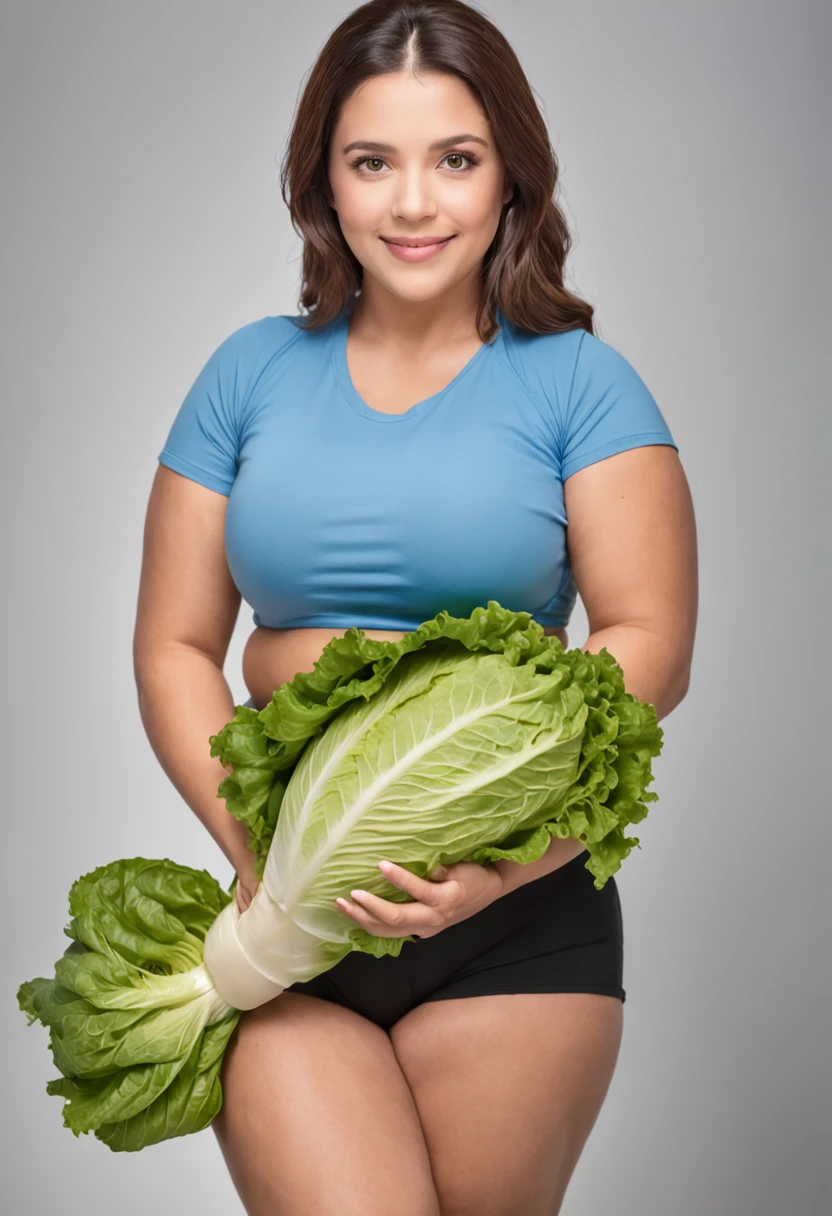 Mulher gorda na horta, barriga gorda, gordura abdominal saltando para fora da roupa, muito gorda, obesidade, usando camiseta branca, e short esportivo azul, segurando uma uma folha de alface folha muito grande, holding with his hand a large lettuce leaf, folha de alface grande em sua frente, mulher gorda,  pele brilhante segurando uma folha de alface gigante, segurando uma folha de alface grande, mostrando folha de alface