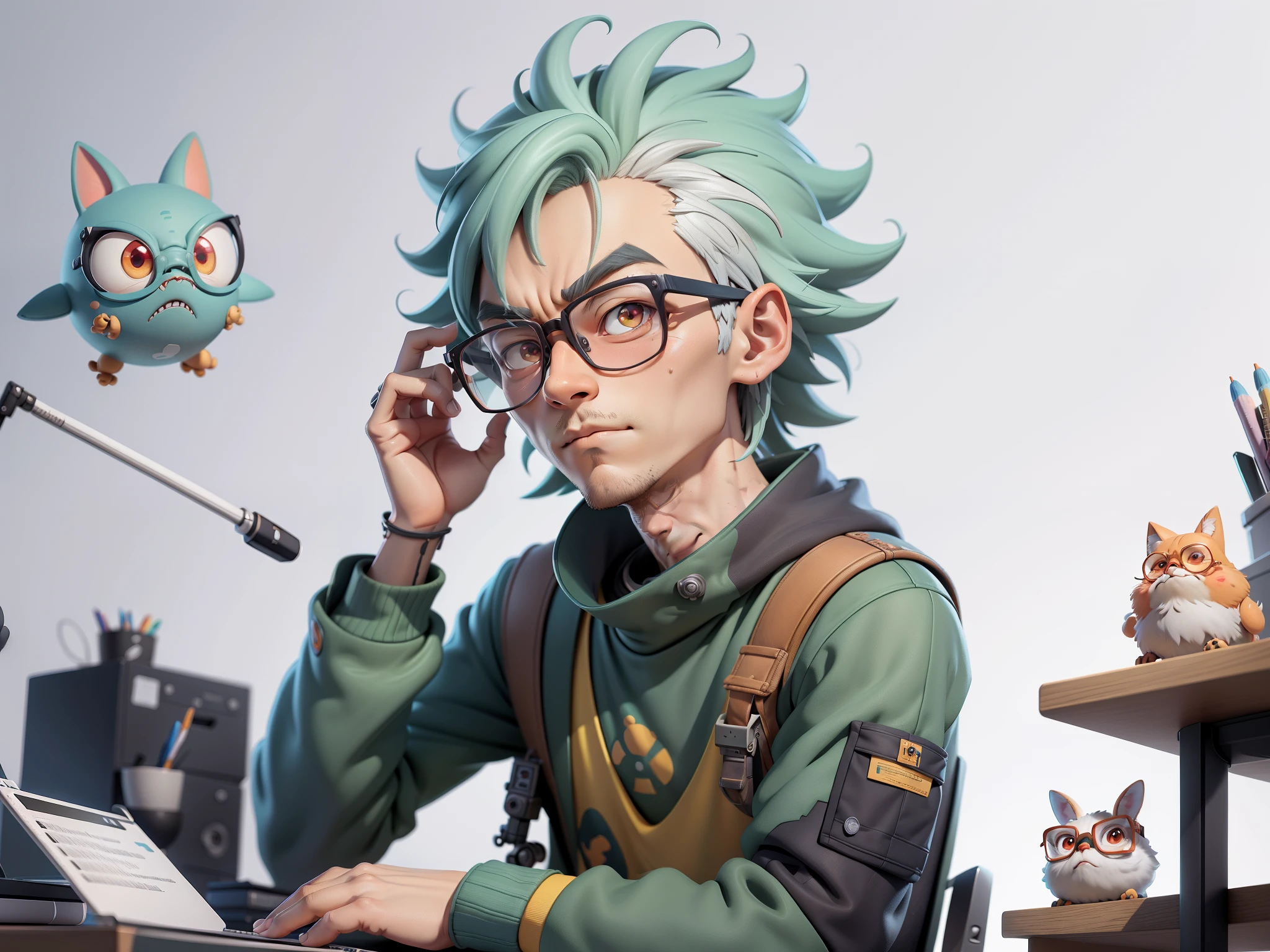 A young man with glasses sits at his desk,holding laptop,digitial painting,3D character design by Mark Clairen and Pixar and Hayao Miyazaki and Akira Toriyama,4K HD illustration,Very detailed facial features and cartoon-style visuals。