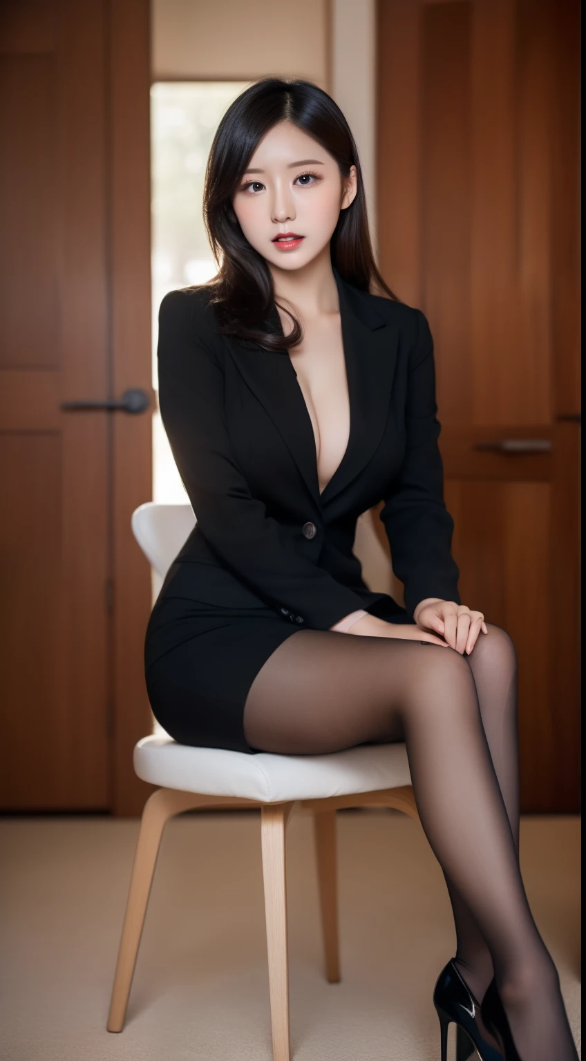 (Beautiful face),(full bodyesbian) ,(sexy pout), 28 years old Japanese female, Business suit, Pantyhose,High heels ,Erlang legs,sit on chair,big breast,
