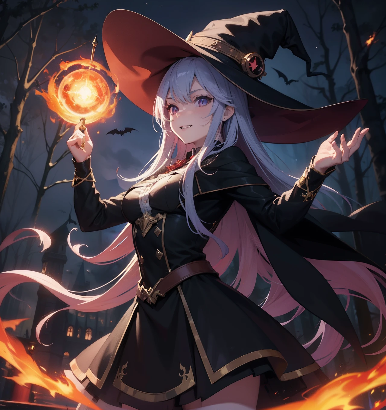 masterpiece, best quality, absurdres, novel illustration, 1girl, young, long hair, cinematic composition, cinematic angle, (dynamic pose:1.3), witch costume, hat, magic wand, fireball, magic, (casting spell:1.3), night, dark forest, bats, evil grin