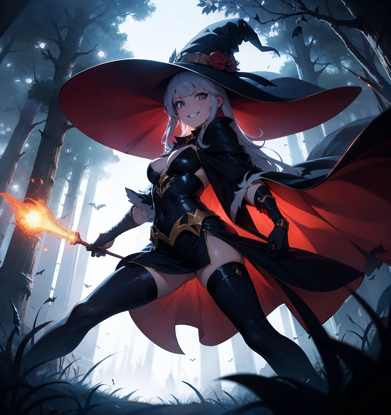masterpiece, best quality, absurdres, novel illustration, 1girl, young, long hair, cinematic composition, cinematic angle, (dynamic pose:1.3), witch costume, hat, magic wand, fireball, magic, (casting spell:1.3), night, dark forest, bats, evil grin