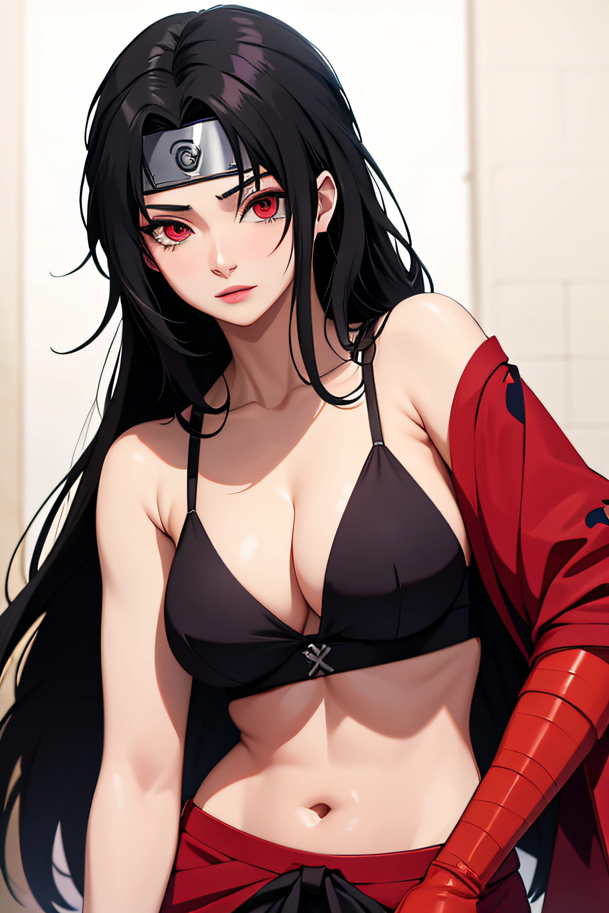 Nar_Kurenai_Yuhi,Forehead Protection,bandagens,corpo inteiroesbian,olhos vermelhos,Wariza,Traje fora do ombro,clivagem,peito pequeno