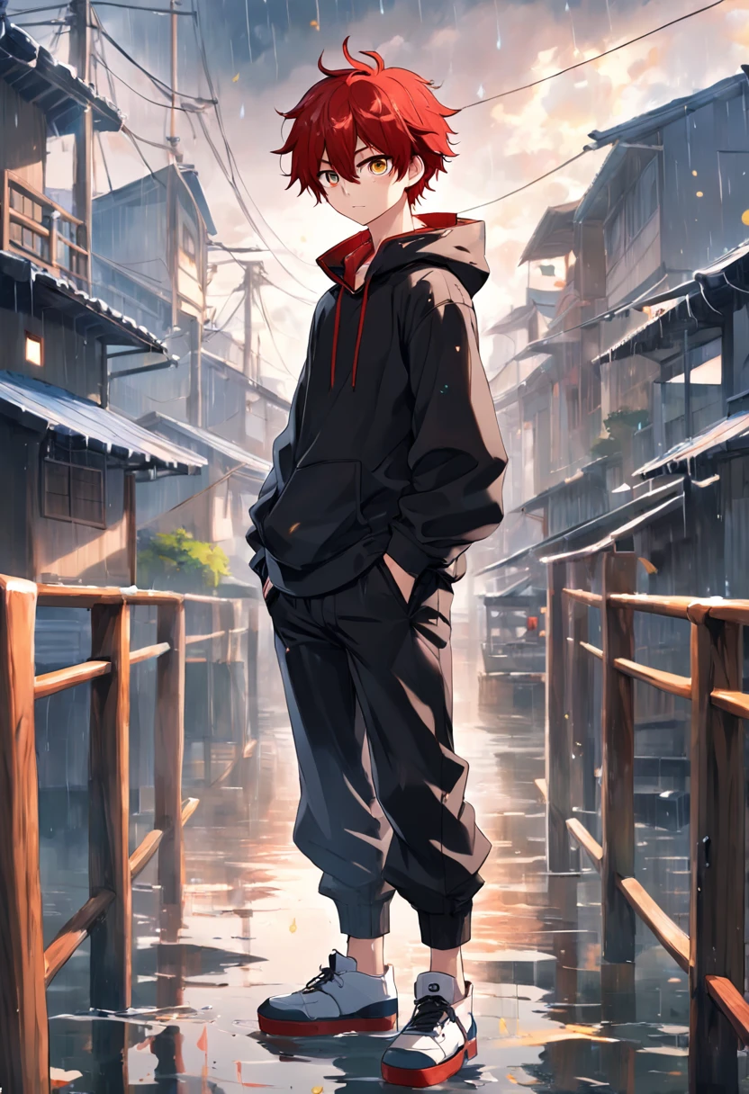 Menino de anime com cabelo vermelho olhos amarelos moletom branco, black pants standing on a boat red-haired boy anime with freckles on a raining day 4k anime wallpaper, estilo anime 4K, Anime Wallpaper 4k, 4k anime wallpapers, 4 k manga wallpaper, cara de anime alto com olhos azuis, Anime Art Wallpaper 8K, Anime Art Wallpaper 4K, Anime Art Wallpaper 4K