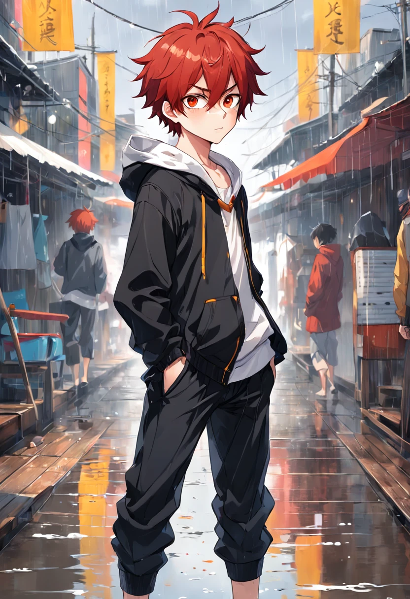 Menino de anime com cabelo vermelho olhos amarelos moletom branco, black pants standing on a boat red-haired boy anime with freckles on a raining day 4k anime wallpaper, estilo anime 4K, Anime Wallpaper 4k, 4k anime wallpapers, 4 k manga wallpaper, cara de anime alto com olhos azuis, Anime Art Wallpaper 8K, Anime Art Wallpaper 4K, Anime Art Wallpaper 4K