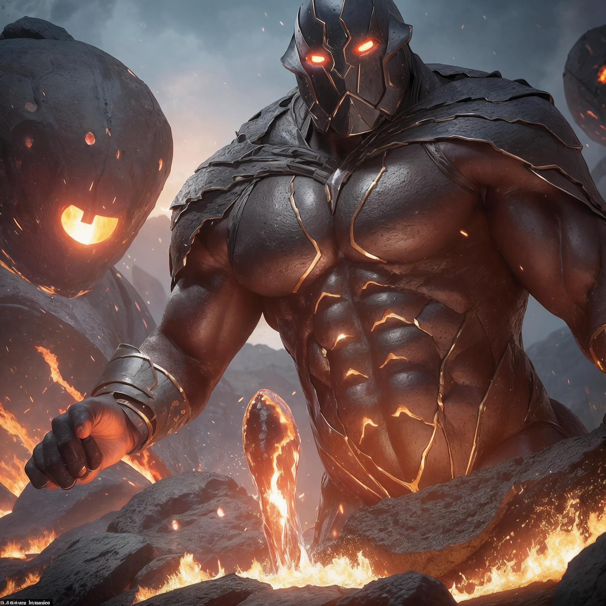 Giants made of black earth iron, their muscular forms light up with incandescent magma veins, and their eyes glow like polished bronze discs.