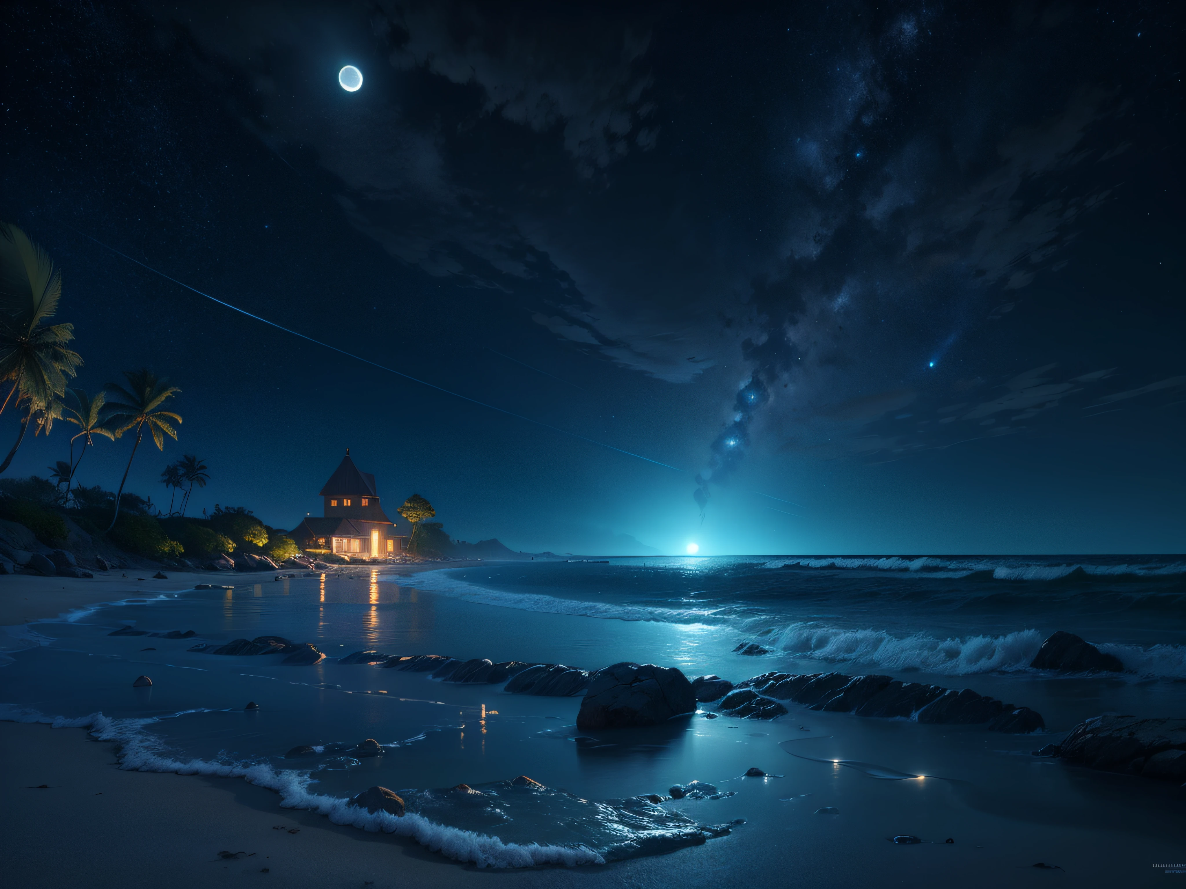 **At night sky, the beach is covered with blue and green fluorescence, the huge moon, elf light, stars, facula, the sea with fluorescence, the shining golden beach, the starry sky with moonlight, Michael james Smith's matte painting, reflection, cg rendering, volume light, space art, bioluminescence, unreal engine 5, magic of light, unreal engine rendering, super wide angle, super wide angle, high definition**
