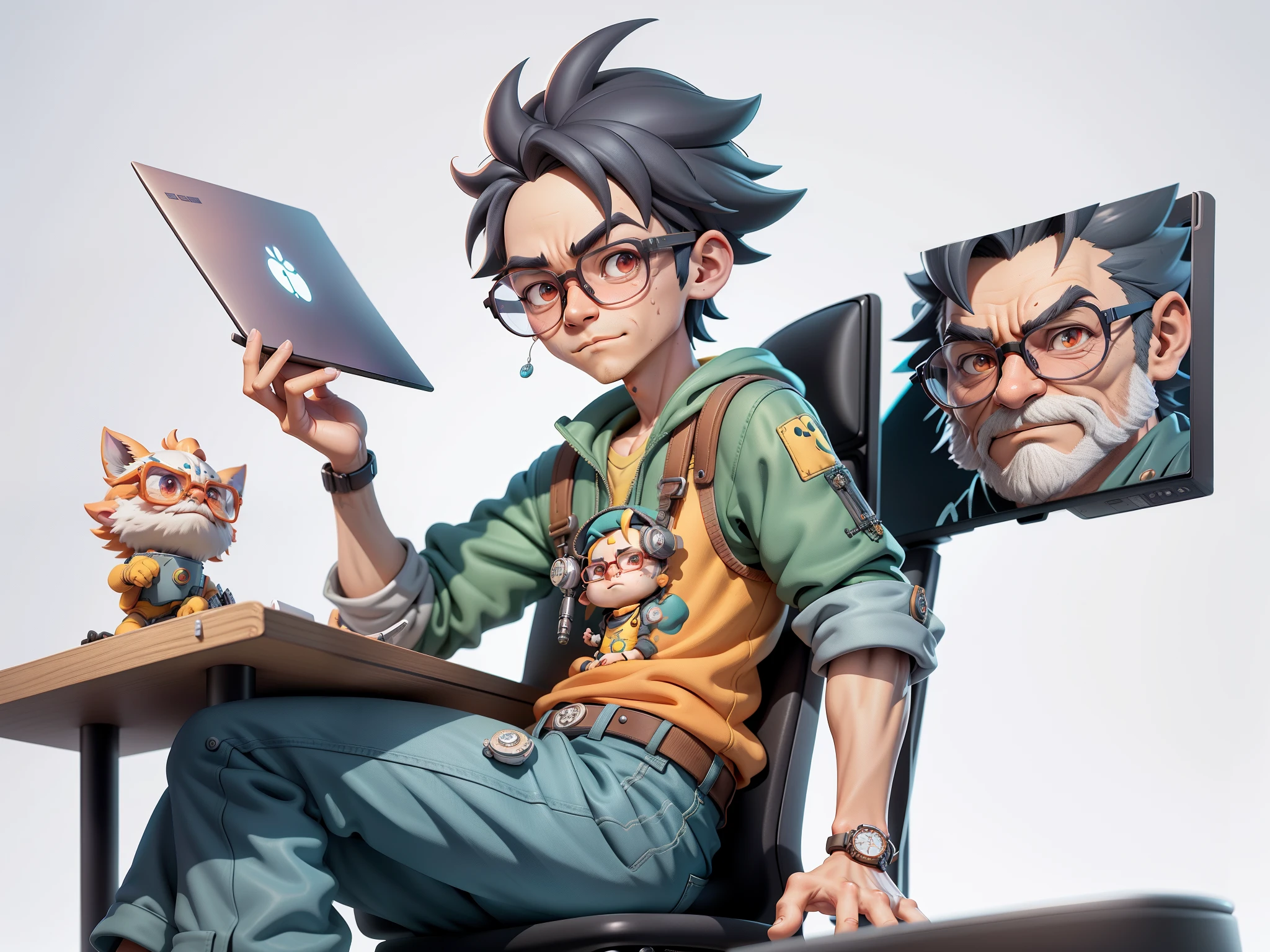A young man with glasses sits at his desk,holding laptop,digitial painting,3D character design by Mark Clairen and Pixar and Hayao Miyazaki and Akira Toriyama,4K HD illustration,Very detailed facial features and cartoon-style visuals。