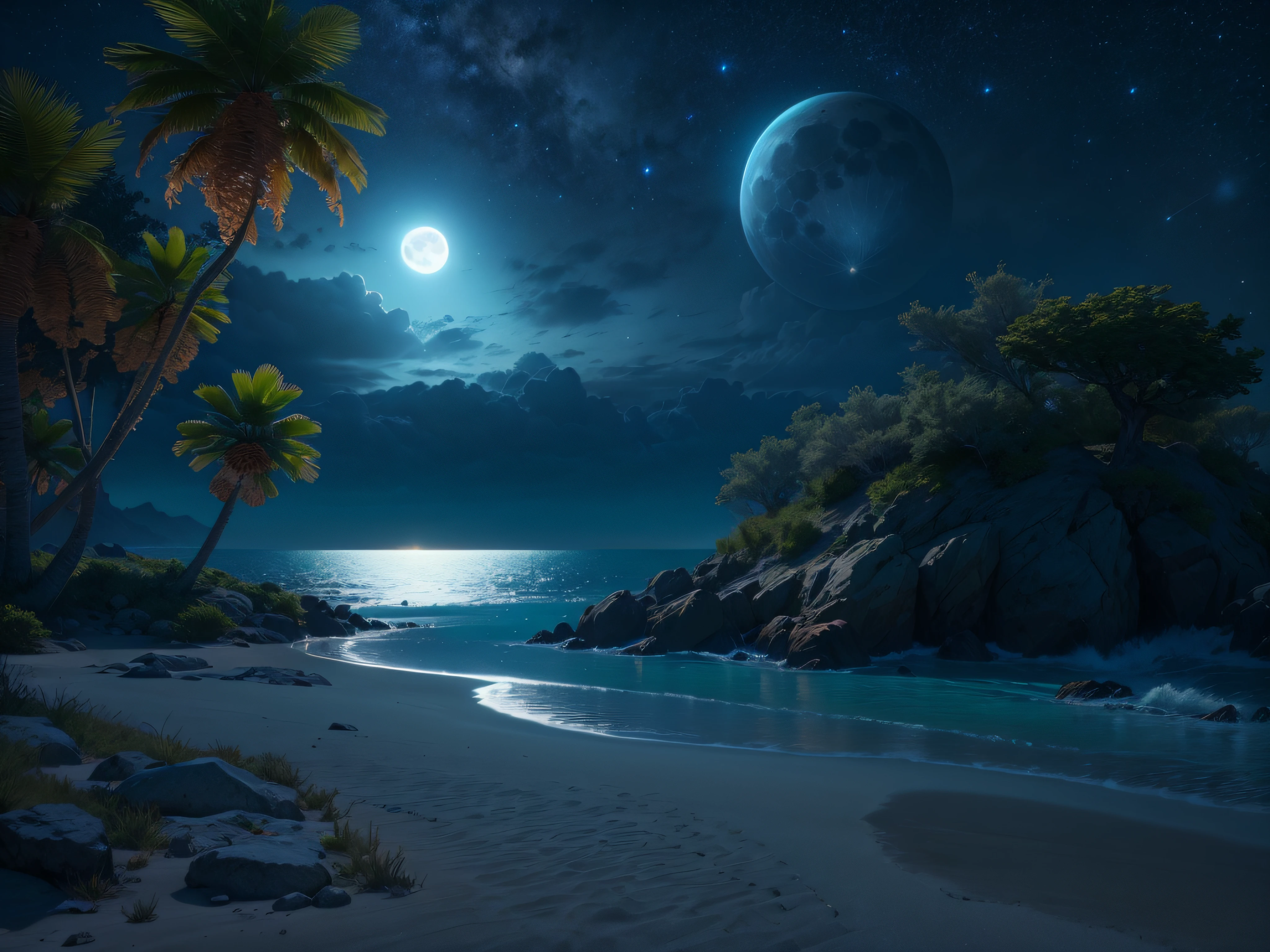 **At night sky, the beach is covered with blue and green fluorescence, the huge moon, elf light, stars, facula, the sea with fluorescence, the shining golden beach, the starry sky with moonlight, Michael james Smith's matte painting, reflection, cg rendering, volume light, space art, bioluminescence, unreal engine 5, magic of light, unreal engine rendering, super wide angle, super wide angle, high definition**