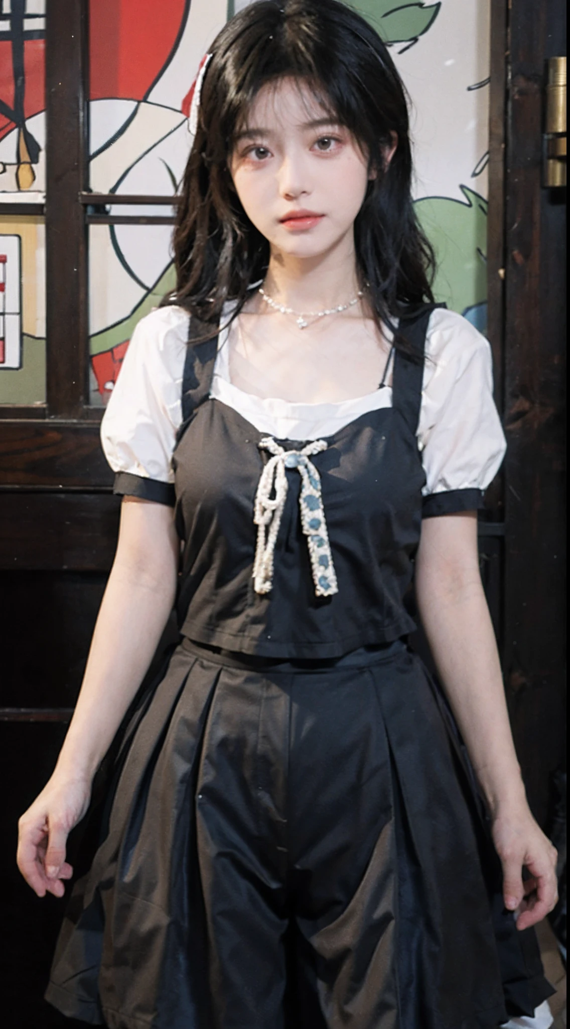 best qualtiy, 超高分辨率, (realisticlying:1.4),Baoyu Girl,1girll, with long coiled hair,Blushlush,Looking into the distance,nedium breasts,Lolita costume,Lolita uniform,a sense of atmosphere,Beautiful woman with a slim figure:1.4, Pronounced abs,Ultra-fine face,Elaborate Eyes,二重まぶた,choker necklace