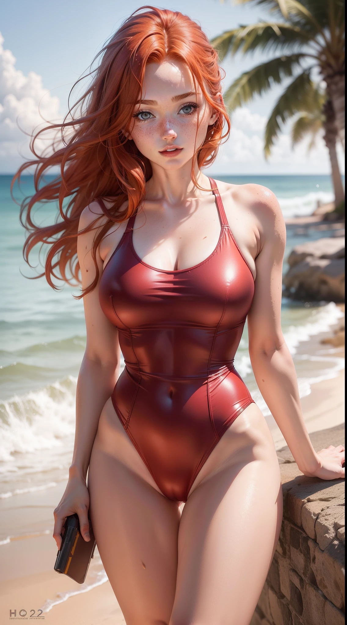 Cute redhead 20-year-old with long flowing hair in a tight one piece swimsuit , freckles, full body, photorealistic, high definition