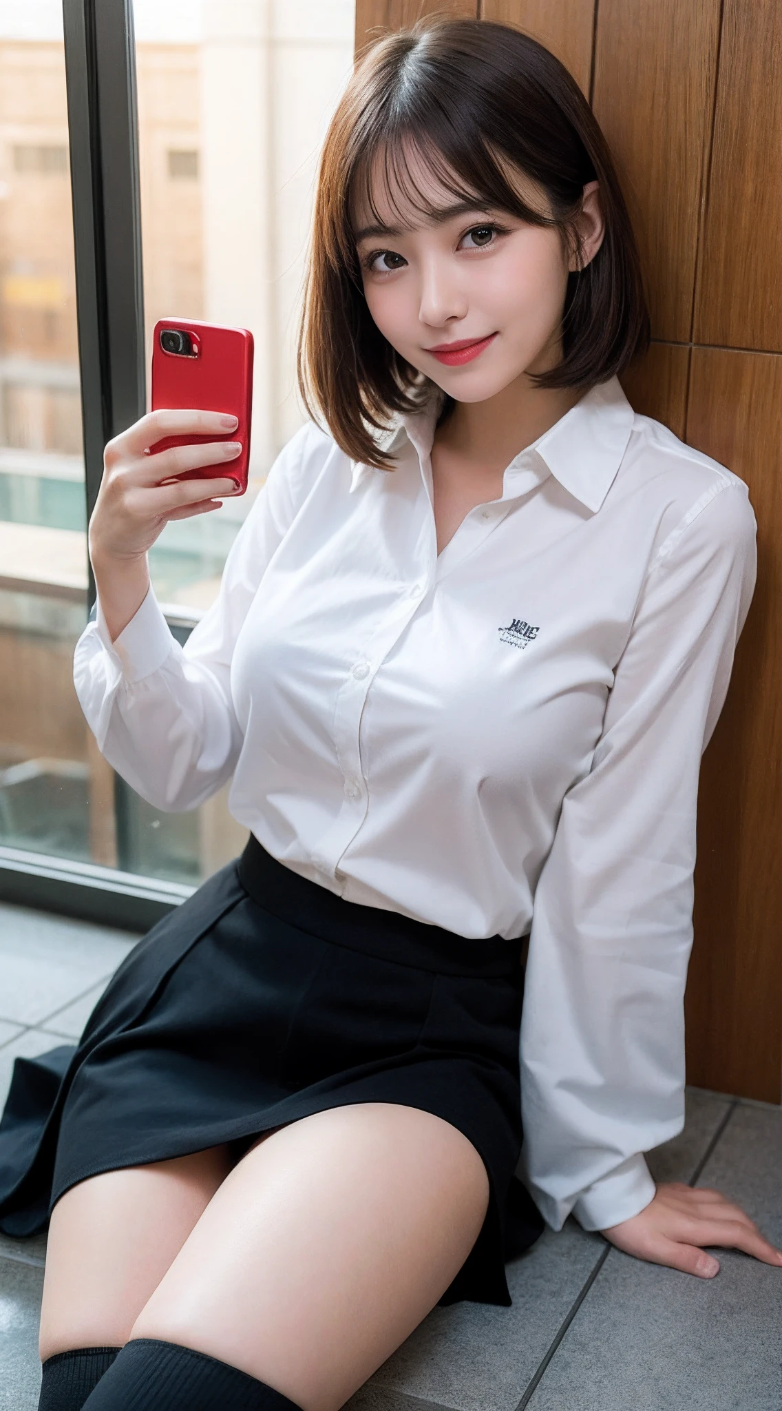 masutepiece, Best Quality, Ultra-detailed, finely detail, hight resolution, 8K, Perfect dynamic composition,Sleeping in bed、(((prone)))、(((Woman looking at smartphone)))、White uniform、Red mini skirt、White panty、white sock、Japan 18-year-old woman、 Beautiful detailed eyes, Medium short hair, Natural Color Lip,F Cup Breasts、cute smile face、bangss、Seen from the side