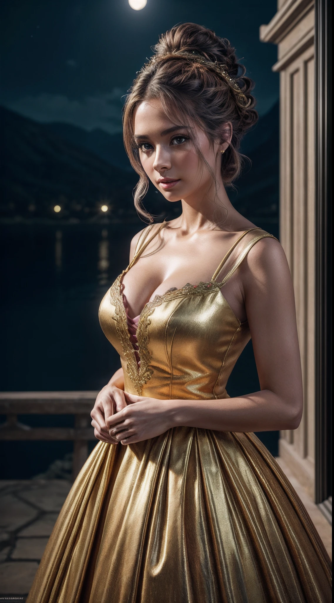 (masterpiece), best quality, (extremely detailed CG unity 64k wallpaper), ultra-high resolution, ultra-high definition, maximalist, 64k UHD, highres, intricate, intricate details, highly detailed, finely detailed, ultra-detailed, ultra-high texture quality, detailed textures, ultra-high pixel detail, (ultra-realistic:1.3), official photo, HDR, DSLR, photography, people photography, professionally color graded, Fujifilm XT3, RAW photo, uncompressed images, shallow depth of field, full color depth, sharp focus, BREAK amazing, gorgeous, white, thrilling scene, lines, moonlight, night, portrait, (woman in outfit in the fantasy world, platinum updo), touching her hair