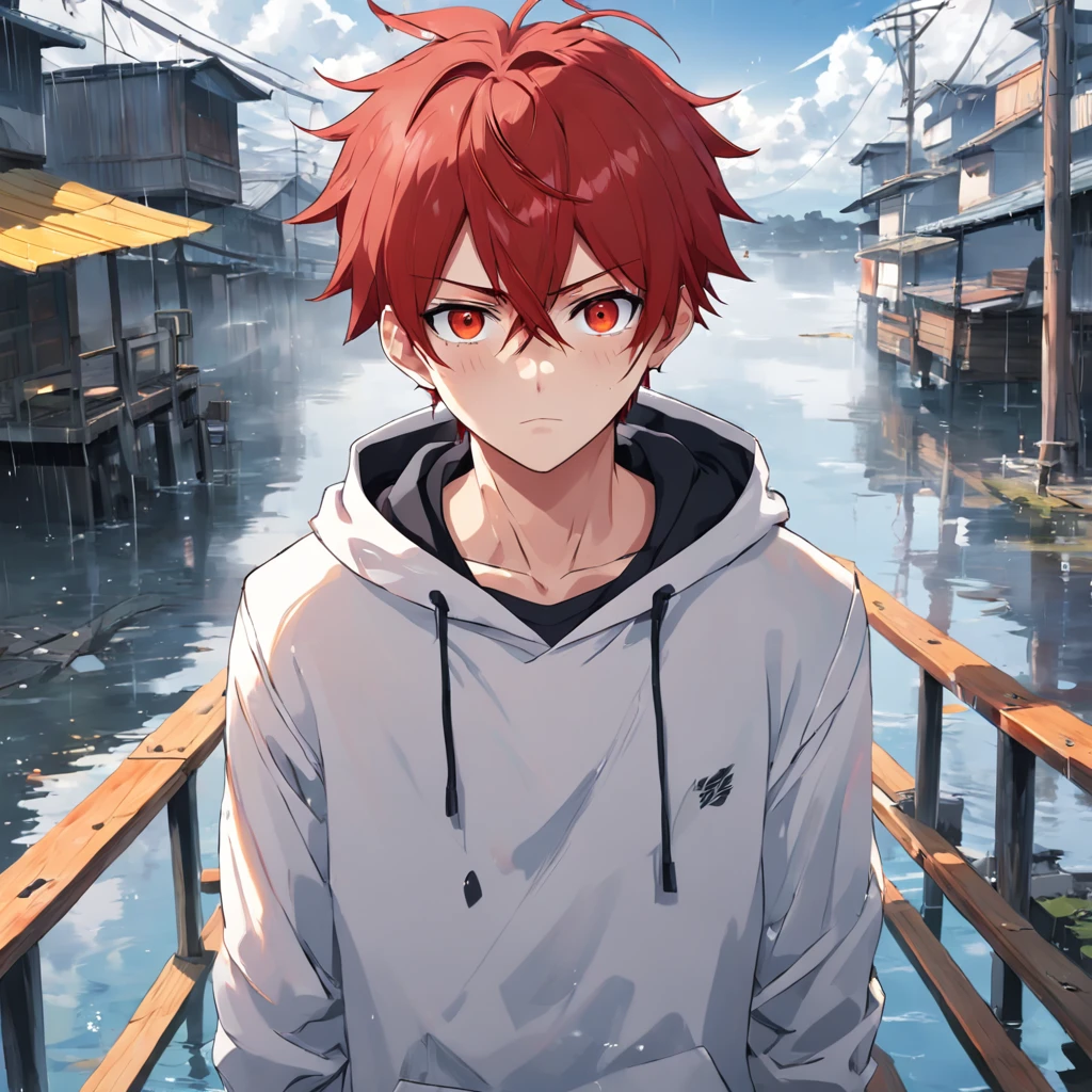 de anime com cabelo vermelho olhos amarelos moletom branco, black pants standing on a boat red-haired boy anime with freckles on a raining day 4k anime wallpaper, estilo anime 4K, Anime Wallpaper 4k, 4k anime wallpapers, 4 k manga wallpaper, cara de anime alto com olhos azuis, Anime Art Wallpaper 8K, Anime Art Wallpaper 4K, Anime Art Wallpaper 4K