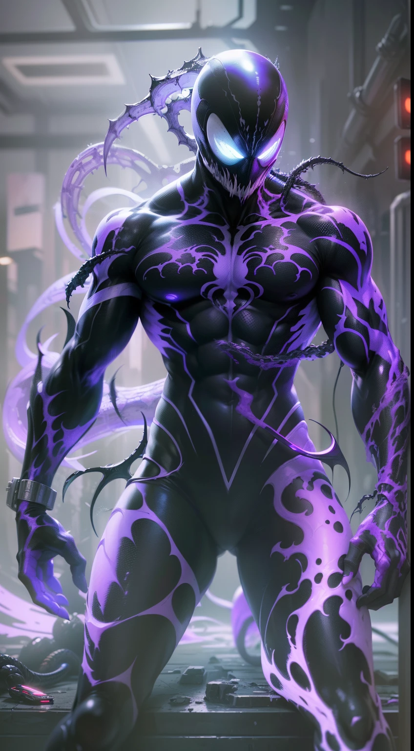 ((obra maestra impresionante)), (Ultra resolution 8K, Striking illustration of the Venom symbiote, Traje Cyberpunk, white and purple suit Illustration by Hetera, dark ilumination, Spectral illumination