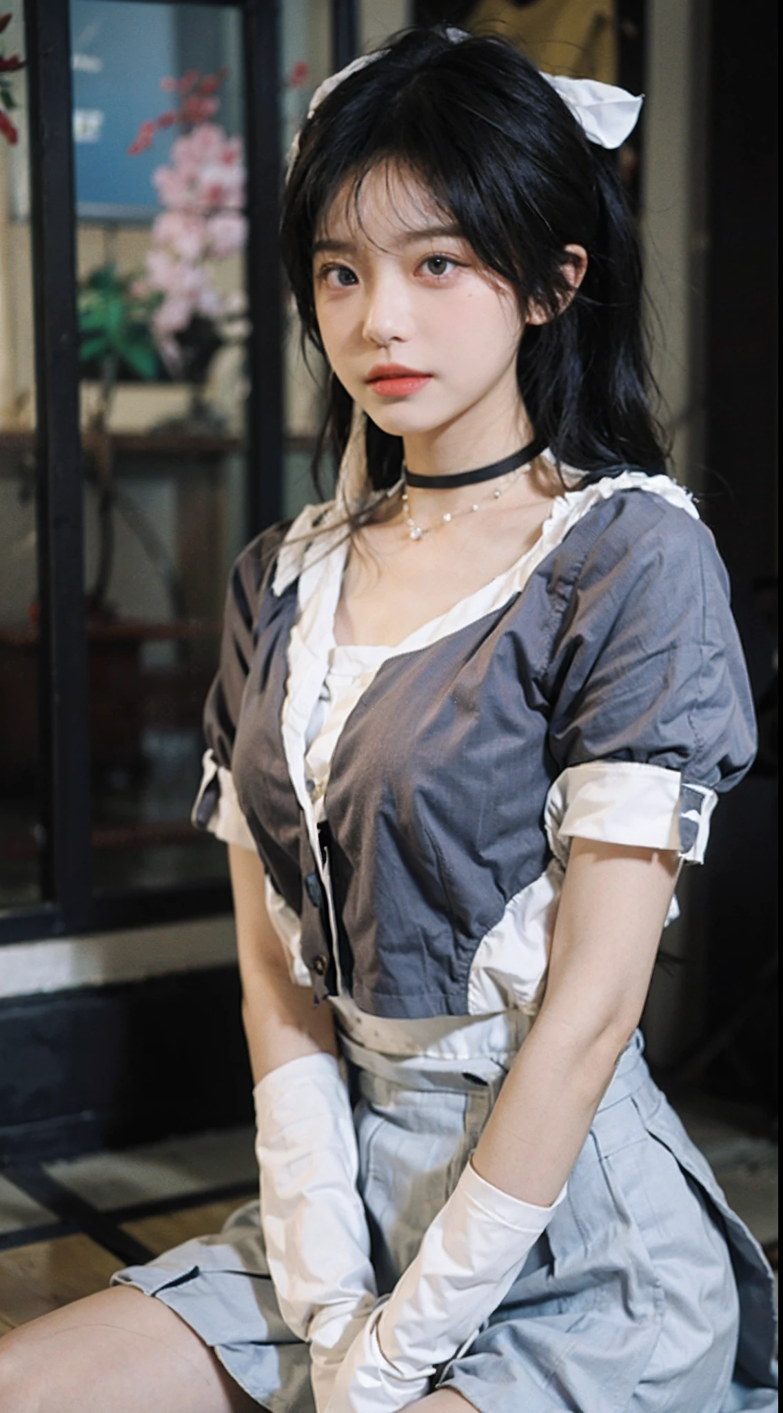 best qualtiy, 超高分辨率, (realisticlying:1.4),Baoyu Girl,1girll, with long coiled hair,Blushlush,Looking into the distance,nedium breasts,Lolita costume,Lolita uniform,a sense of atmosphere,Beautiful woman with a slim figure:1.4,Ultra-fine face,Elaborate Eyes,二重まぶた,choker necklace