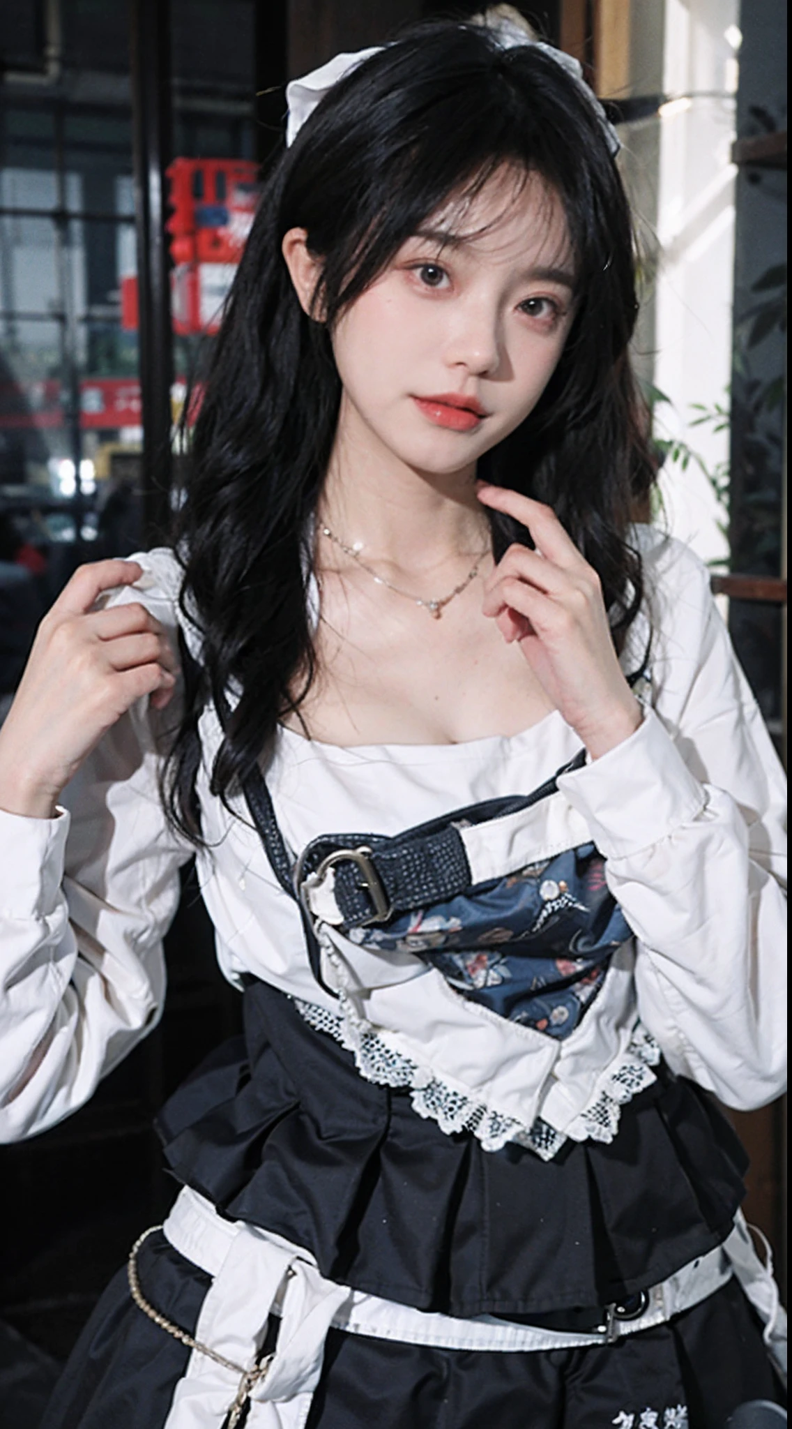 best qualtiy, 超高分辨率, (realisticlying:1.4),Baoyu Girl,1girll, with long coiled hair,Blushlush,Looking into the distance,nedium breasts,Lolita costume,Lolita uniform,a sense of atmosphere,Beautiful woman with a slim figure:1.4, Pronounced abs,Ultra-fine face,Elaborate Eyes,二重まぶた,choker necklace