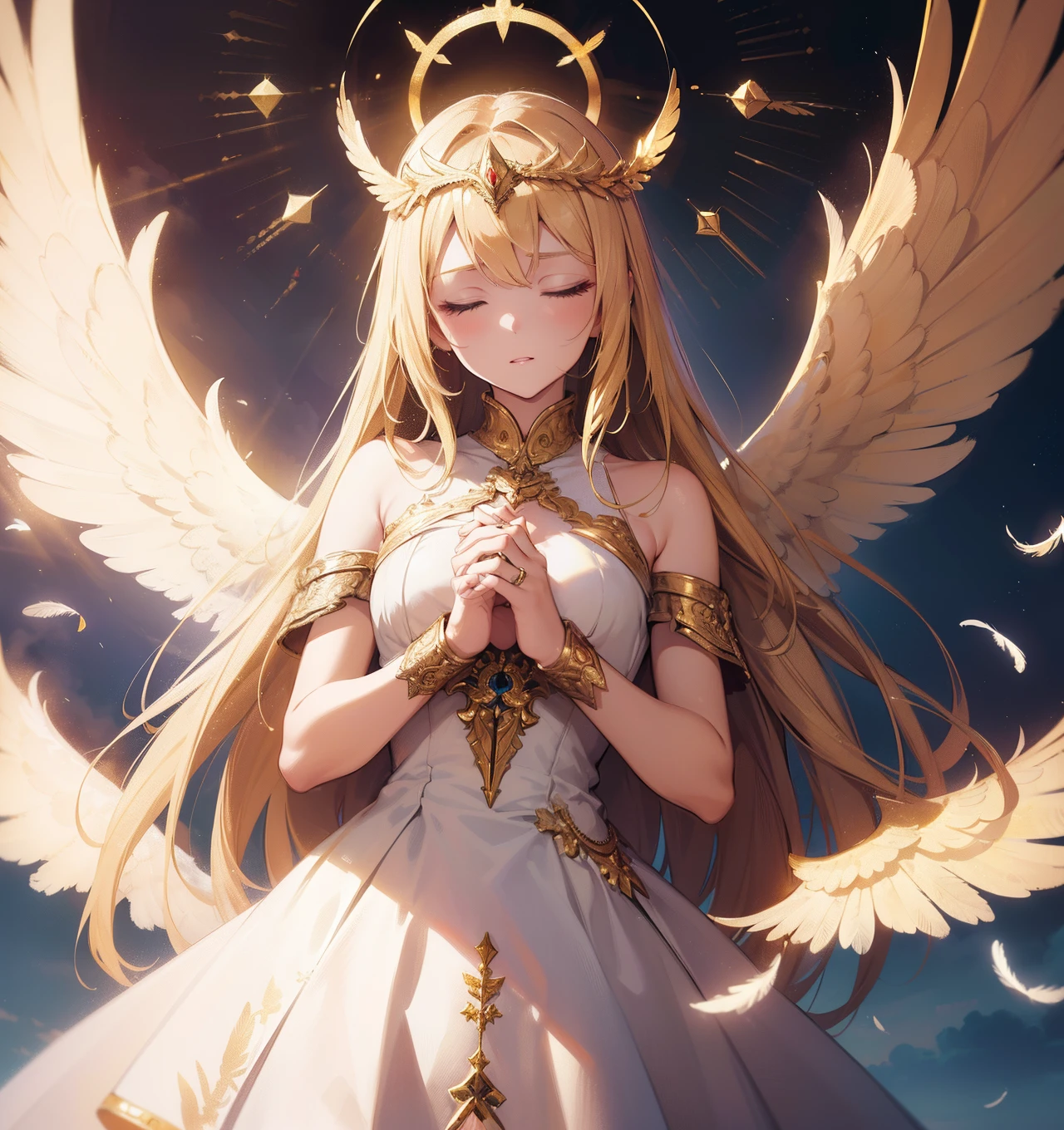 (masterpiece, best quality), (absurdres:1.2), novel illustration, (ultra detailed, 8K, ultra highres:1.2), 1girl, young, slim, long hair, blonde hair, angel, white dress, praying, (shining golden ring above head:1.2), wings, feathers, holy light, holding hands on chest, closed eyes, cloud, heaven, cinematic composition, dramatic lighting, (dynamic pose:1.2),