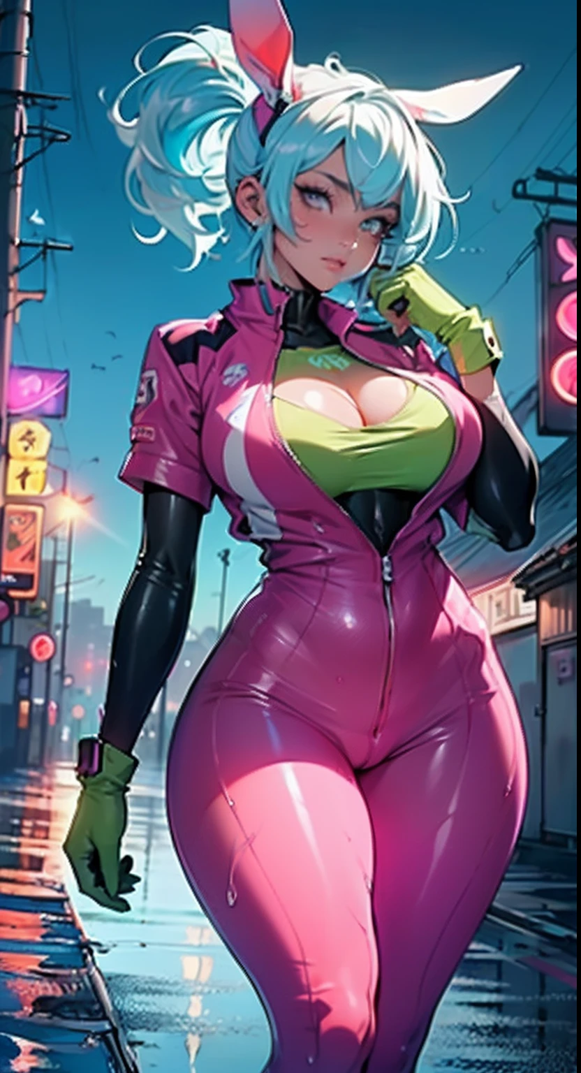 cute bunny girl,(((1girl))),((bunny girl with extremely cute and beautiful aqua hair)),(((bunny girl,anthro furry cute,bunny-girl))),(((bunny ears,bunny ears on head,big bunny ears))),
(large breasts:1.4),saggy breasts,(((aqua ponytail hair:1.35,colored inner hair,ear breathing,large hair))),((heterochromia:1.5,eye1 aqua,eye2 yellow,perfect eyes,upturned eyes:1.3,beautiful detailed eyes,finely detailed beautiful eyes:1,big highlight on eyes:1.2,slanted eyes)),((fat)),(((lustrous skin:1.5,bright skin: 1.5,skin tanned,shiny skin,very shiny skin,shiny body,plastic glitter skin,exaggerated shiny skin,illuminated skin,wet legs))),(spider lower abdomen,narrow waist,wide hip,athletic body,inflated legs,delicate detailed fingers,detailed body,human hands,(detailed face)),
cute,slutty,seductive,erotic,(((nsfw))),
(((pit girl uniform)))(magenta pit girl suit unbuttoned),((magenta clothes)),(((huge cleavage))),cleavage cutout,((wet clothes,detailed outfit,detailed clothes)),
(dynamic pose:1.0),solo focus,embarrassed,(centered,scale to fit dimensions,Rule of thirds),
cyberpunk city by the ocean at night, with bright neon signs and dark stormy clouds and puddles,
High resolution, sharp focus, (ultra detailed, extremely detailed), (photorealistic artwork:1.37), 8k wallpaper,((synthwave background theme)),((vibrant colors)),(intricate),masterpiece,(best quality),