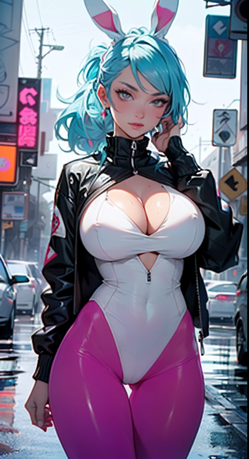 cute bunny girl,(((1girl))),((bunny girl with extremely cute and beautiful aqua hair)),(((bunny girl,anthro furry cute,bunny-girl))),(((bunny ears,bunny ears on head,big bunny ears))),
(large breasts:1.4),saggy breasts,(((aqua ponytail hair:1.35,colored inner hair,ear breathing,large hair))),((heterochromia:1.5,eye1 aqua,eye2 yellow,perfect eyes,upturned eyes:1.3,beautiful detailed eyes,finely detailed beautiful eyes:1,big highlight on eyes:1.2,slanted eyes)),((fat)),(((lustrous skin:1.5,bright skin: 1.5,skin tanned,shiny skin,very shiny skin,shiny body,plastic glitter skin,exaggerated shiny skin,illuminated skin,wet legs))),(spider lower abdomen,narrow waist,wide hip,athletic body,inflated legs,delicate detailed fingers,detailed body,human hands,(detailed face)),
cute,slutty,seductive,erotic,(((nsfw))),
(((pit girl uniform)))(magenta pit girl suit unbuttoned),((magenta clothes)),(((huge cleavage))),cleavage cutout,((wet clothes,detailed outfit,detailed clothes)),
(dynamic pose:1.0),solo focus,embarrassed,(centered,scale to fit dimensions,Rule of thirds),
cyberpunk city by the ocean at night, with bright neon signs and dark stormy clouds and puddles,
High resolution, sharp focus, (ultra detailed, extremely detailed), (photorealistic artwork:1.37), 8k wallpaper,((synthwave background theme)),((vibrant colors)),(intricate),masterpiece,(best quality),