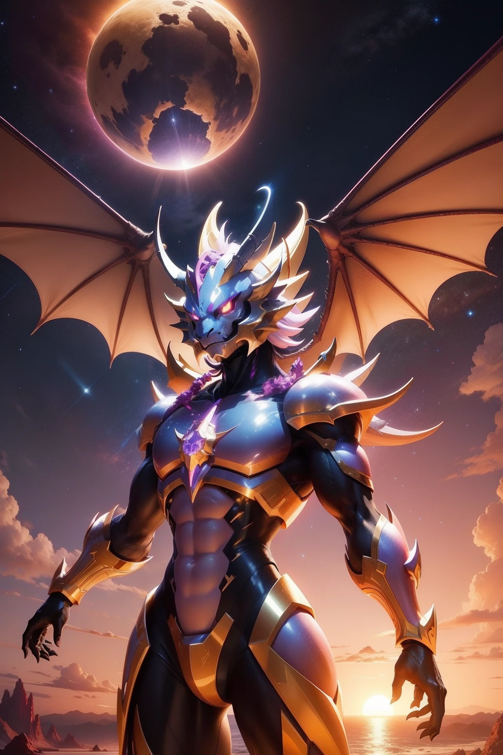 dragon, space, stars, cosmic, radiant, palkia, big, sunset, golden hour, halo, angelic, two arms, intelligence, one dragon, two headed beast, gold scales