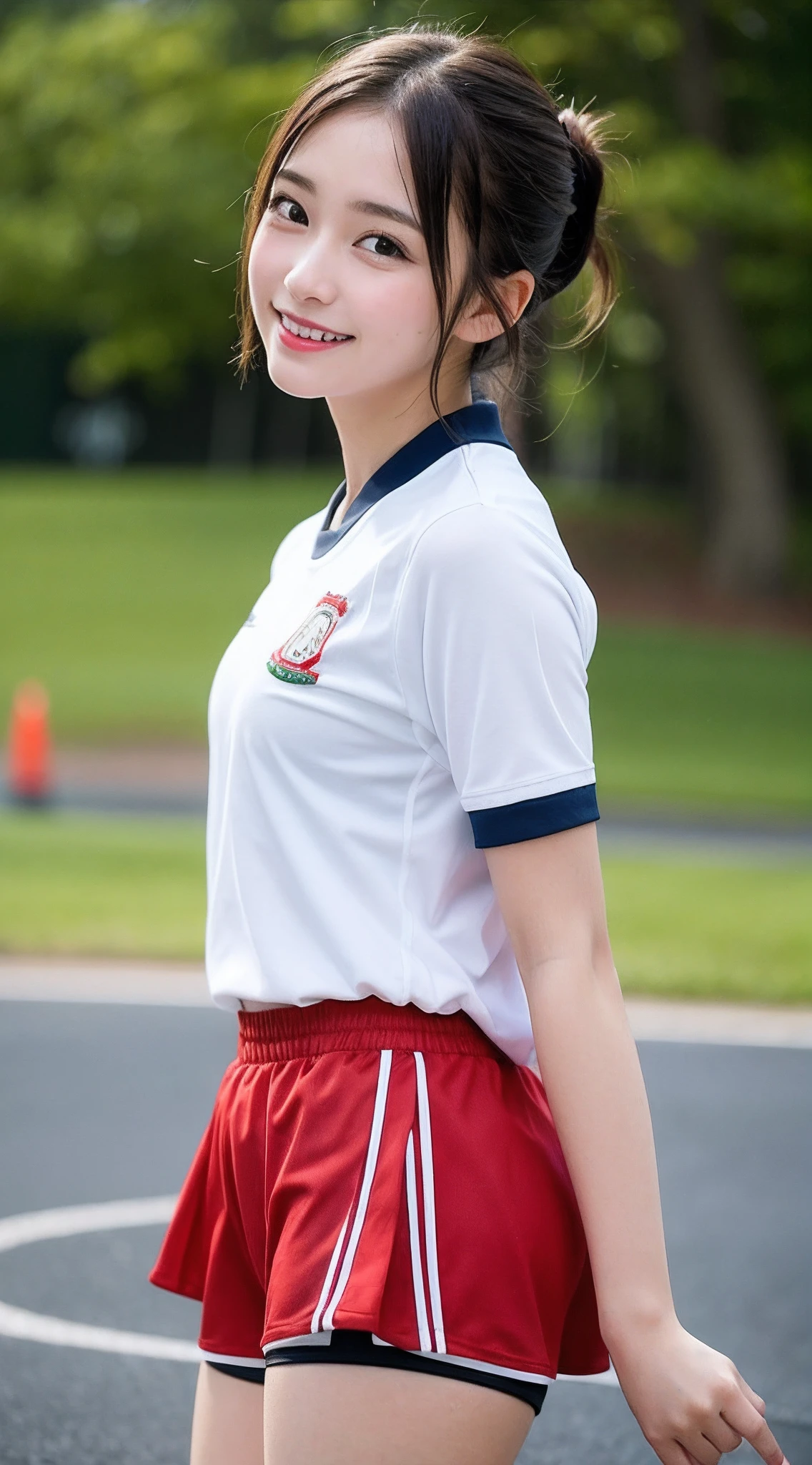 masutepiece, Best Quality, Ultra-detailed, finely detail, hight resolution, 8K, Perfect dynamic composition,sports ground、Running、(((white gym uniform)))、(((Red bloomers)))、((Wet))、white sock、Japan 18-year-old woman、 Beautiful detailed eyes,  Medium short hair, Natural Color Lip,huge tit、cute smile face、bangss、Seen from the side