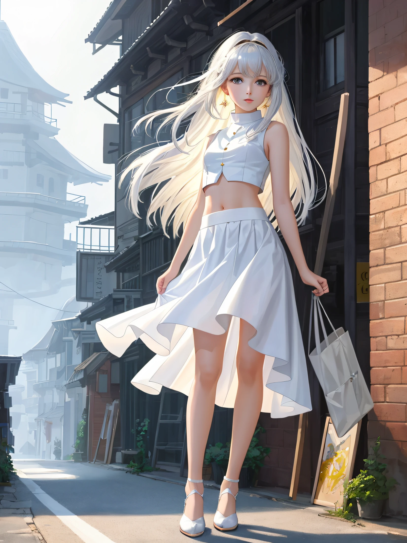 modelshoot style, (extremely detailed CG unity 8k wallpaper), full body photo of the most beautiful artwork in the world, stunningly beautiful photorealistic cute young anime girl in the most urban outfit, short white skirt, sleeveless white top, cropped, petite breasts, flat stomach, professional majestic anime trending on Studio Ghibli, trending on ArtStation, trending on CGSociety, intricate, detailed, sharp, dramatic, photorealistic painting art by Midjourney