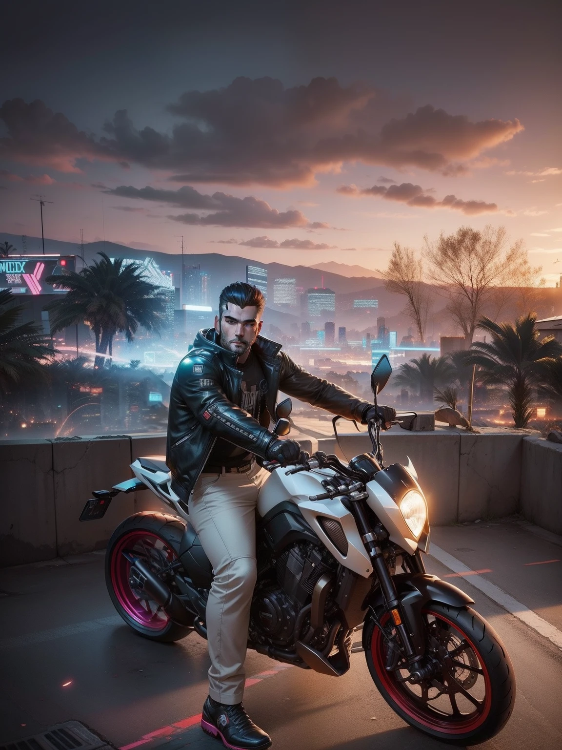handsome man on cyberpunk motorcycle