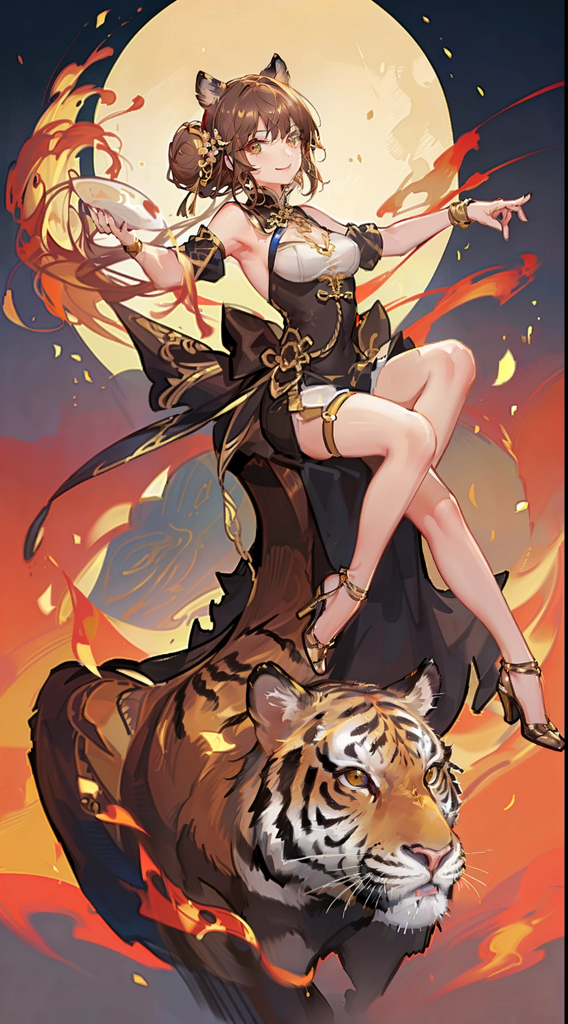 young girl, brown hair, Two buns, golden eyes, Tiger ears, Chinese yellow and blue dress, Shorts, Ironbound Bracers, Winks, Smile, Masterpiece, hiquality