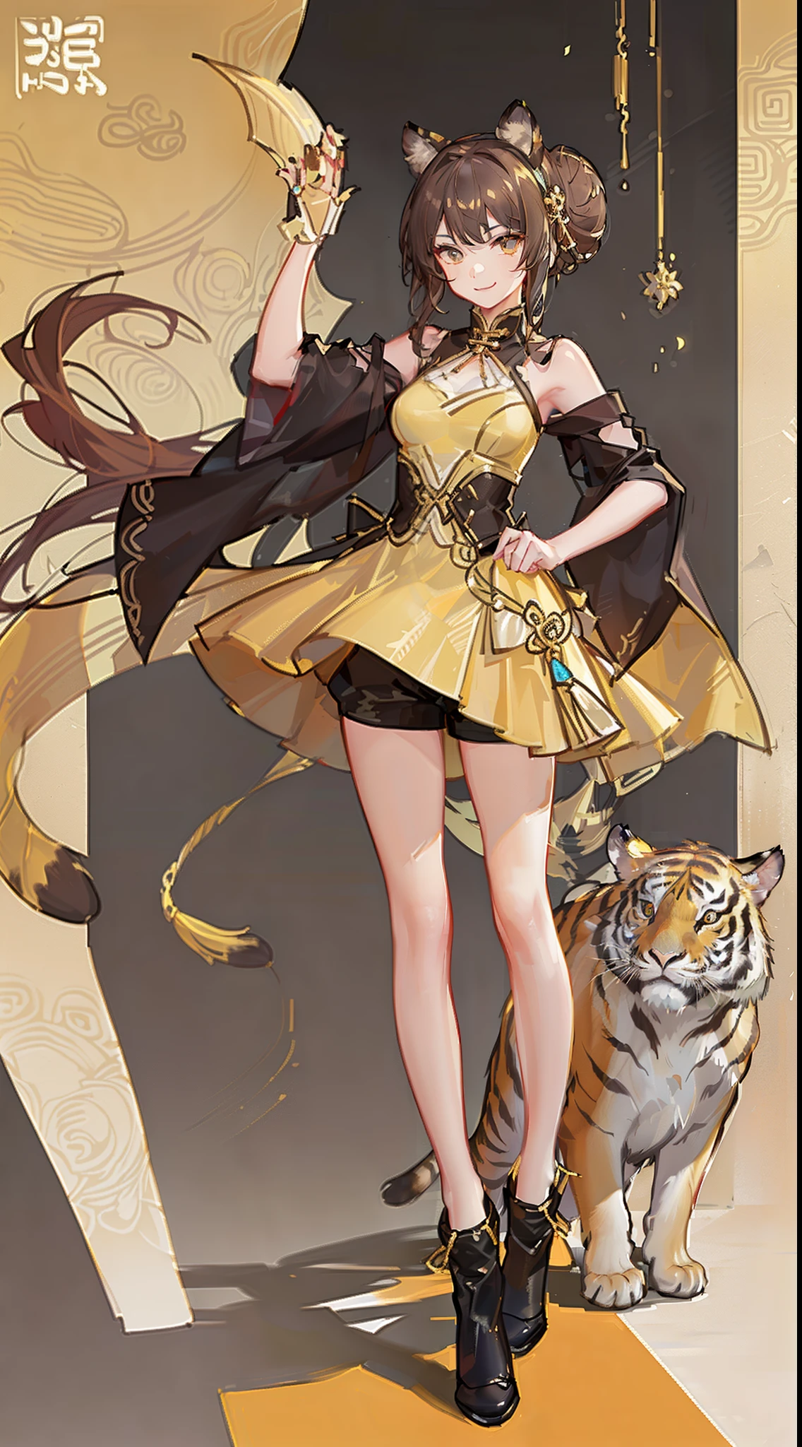 young girl, brown hair, Two buns, golden eyes, Tiger ears, Chinese yellow and blue dress, Shorts, Ironbound Bracers, Winks, Smile, Masterpiece, hiquality