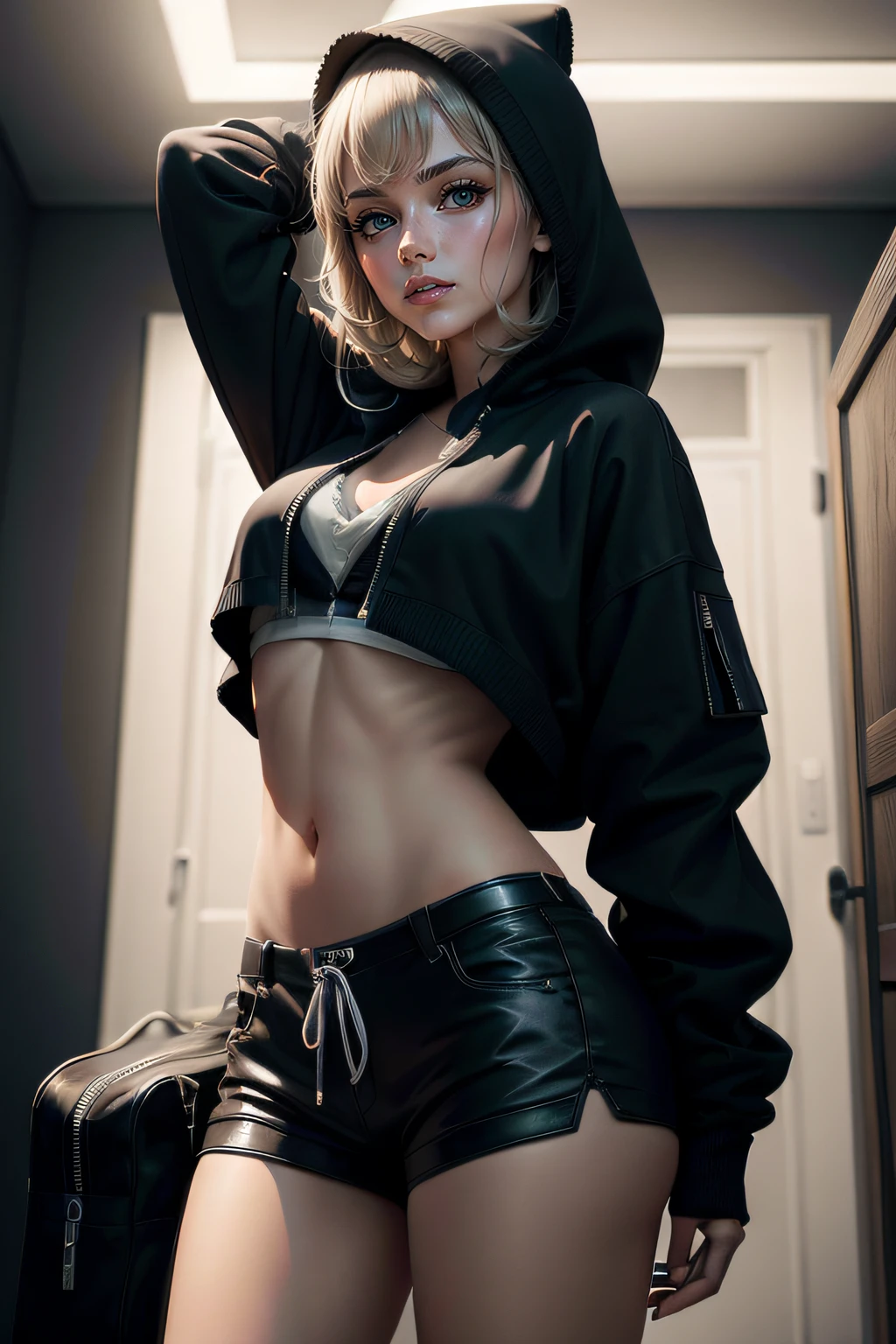 nsfw, masterpiece, Best Quality, hyper Realistic, A mysterious and sophisticated beautiful young gravure Japanese woman with blue eyes wears futuristic and sexy fashion art. sitting focus breasts,, from below, Detailed clothing, woman is climbing at a wide angle, with her full body in frame. large Butt, sexy large breasts, slim waist, Her outfit includes BLACK over sized bra sweat, nothing shorts, adding a minimalist beauty. She accessorizes with futuristic accessories and wears technical sneakers. Her demeanor exudes harmony and striking simplicity, The wear hugs her body tightly, accentuating her curves and digging sensuously into her skin, hyper small head and face, wide and big Duck mouth, half open mouth, perfectly aligned teeth, perfect beautiful wide teeth, Detailed eyes, light blue eyes, half open eyes, shiny Droopy eyes, gray hair, looking other, She is situated within the interior of a futuristic colony, with mist drifting and steam rising from concrete