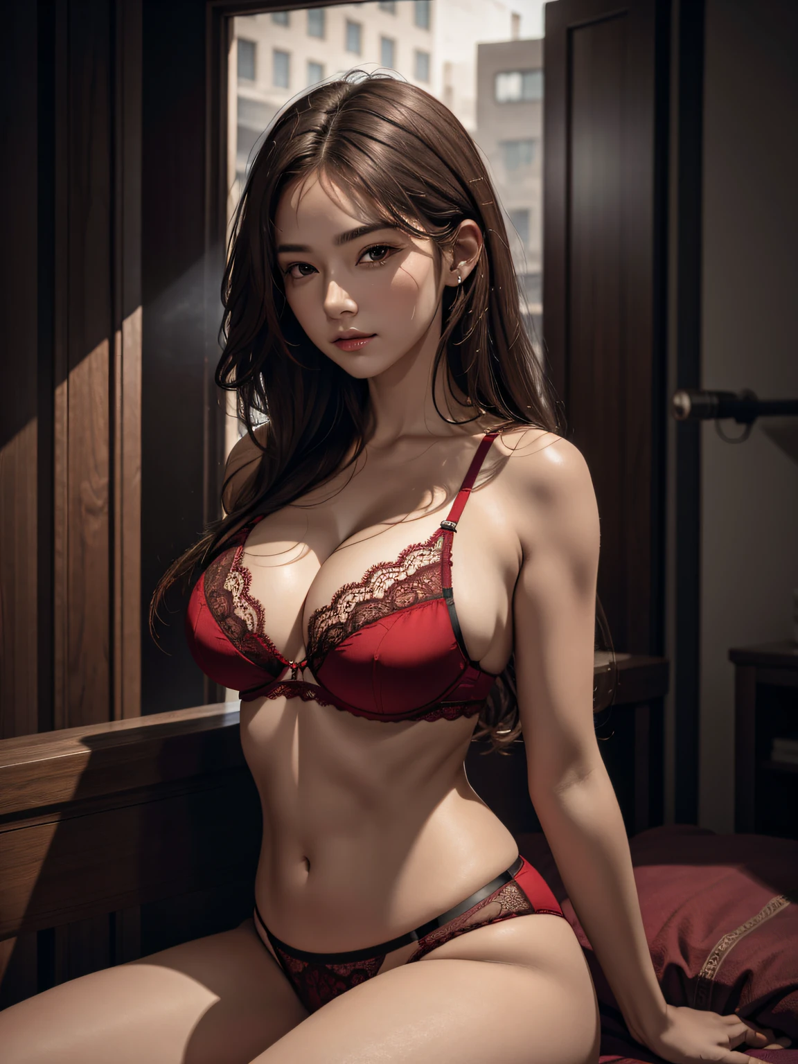 photorealistic, masterpiece, best quality, raw photo, 
BREAK,
1girl, biggest breasts, long hair, brown hair, 
BREAK, 
dark-red luxury lace bra, dark-red luxury lace panty,   
BREAK, 
looking at viewer, dynamic lighting, in the dark, deep shadow, low key, intricate detail, detailed skin, pore, highres, hdr, 4k, realistic,