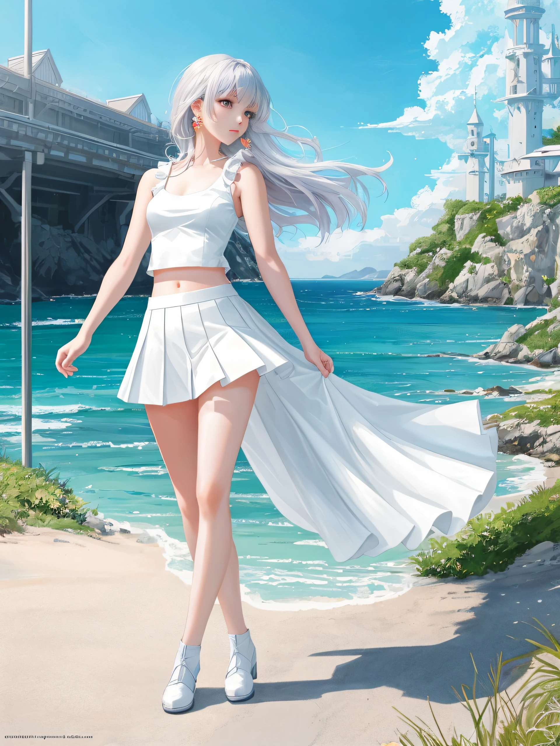 modelshoot style, (extremely detailed CG unity 8k wallpaper), full body photo of the most beautiful artwork in the world, stunningly beautiful photorealistic cute young anime girl in the most urban outfit, short white skirt, sleeveless white top, cropped, petite breasts, flat stomach, professional majestic anime trending on Studio Ghibli, trending on ArtStation, trending on CGSociety, intricate, detailed, sharp, dramatic, photorealistic painting art by Midjourney