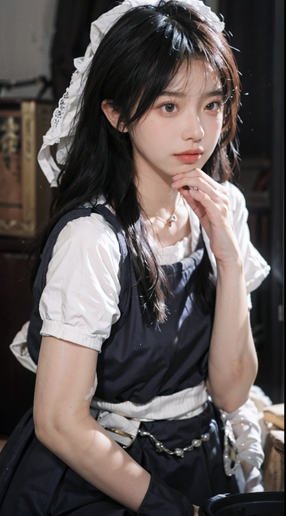 best qualtiy， 超高分辨率， （realisticlying：1.4），Baoyu Girl，1girll, with long coiled hair，Blushlush，Looking into the distance，nedium breasts，Lolita costume，Lolita uniform，a sense of atmosphere，Beautiful woman with a slim figure:1.4, Pronounced abs，Ultra-fine face，Elaborate Eyes，二重まぶた，choker necklace