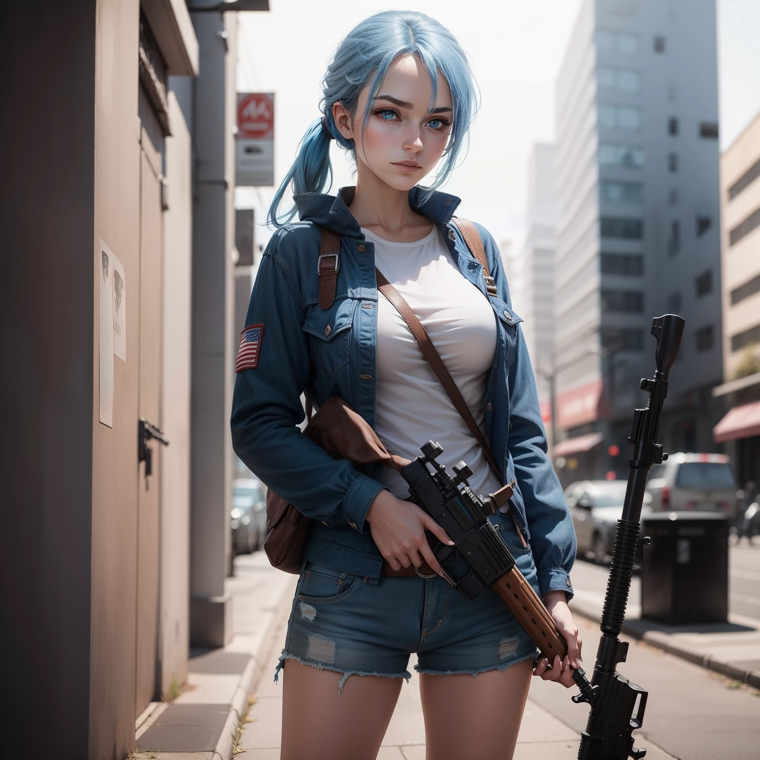 One woman, casual clothing, blue eyes, blue hair, holding a rifle