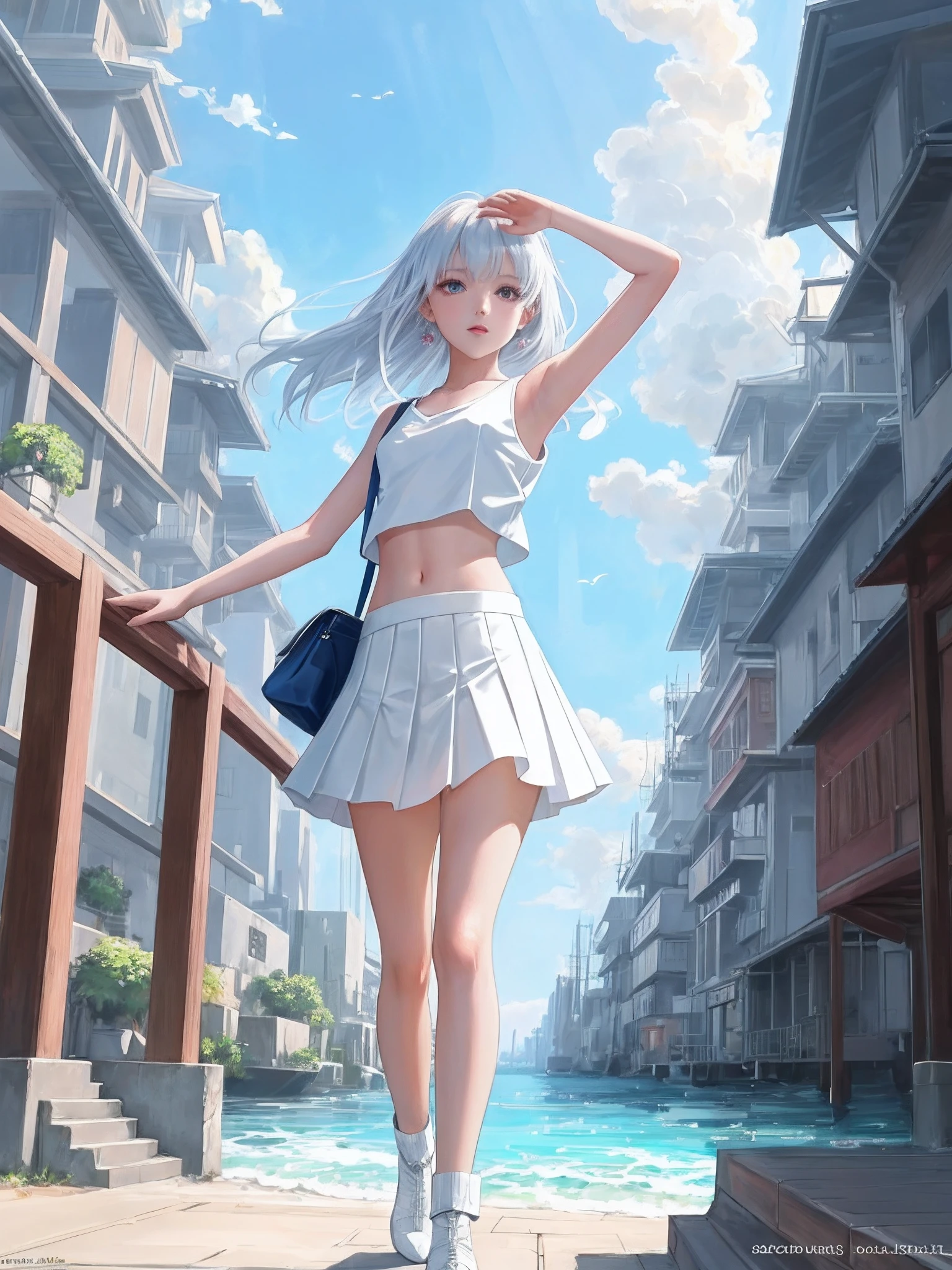 modelshoot style, (extremely detailed CG unity 8k wallpaper), full body photo of the most beautiful artwork in the world, stunningly beautiful photorealistic cute young anime girl in the most urban outfit, short white skirt, sleeveless white top, cropped, petite breasts, flat stomach, professional majestic anime trending on Studio Ghibli, trending on ArtStation, trending on CGSociety, intricate, detailed, sharp, dramatic, photorealistic painting art by Midjourney