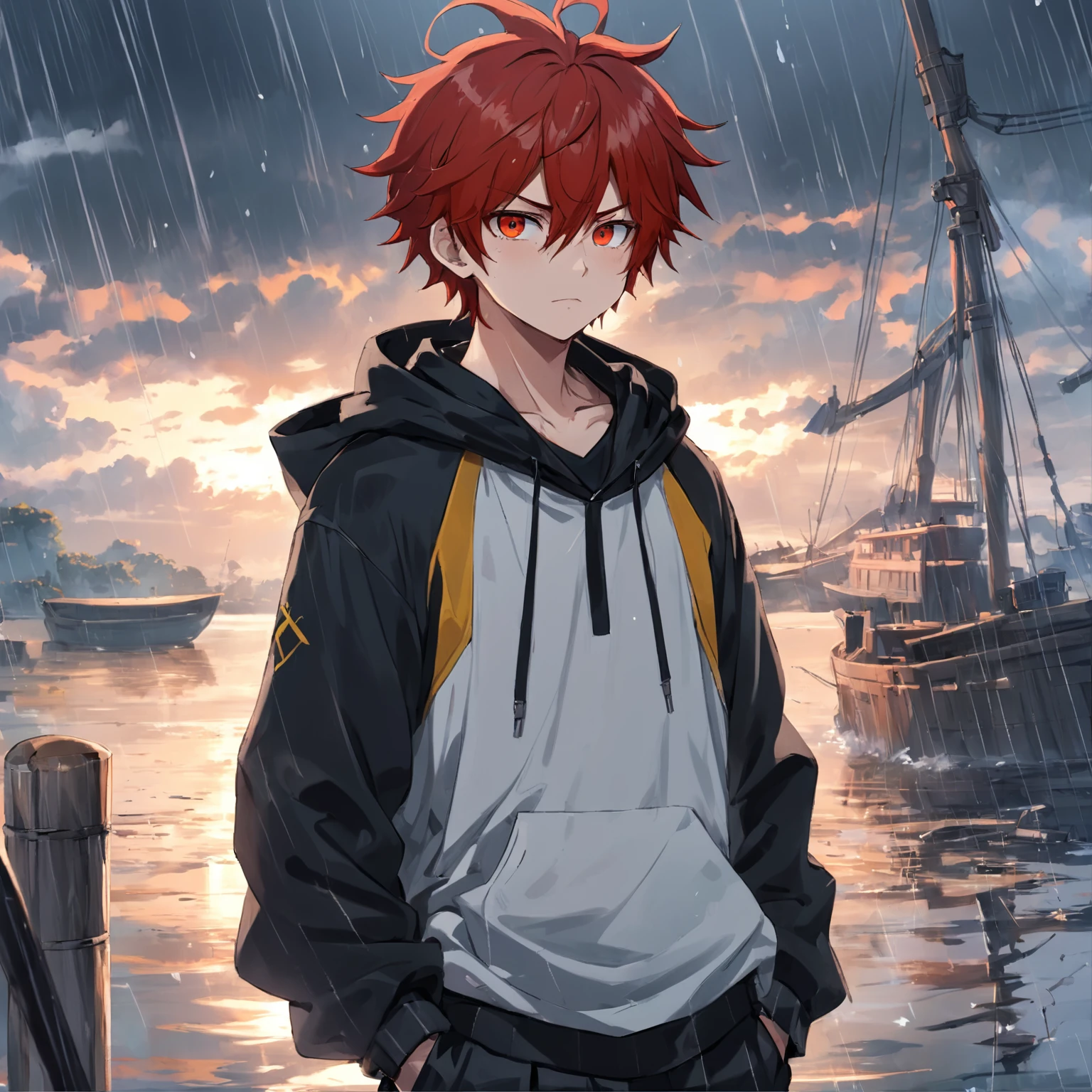 Menino de anime com cabelo vermelho olhos amarelos moletom branco, black pants standing on a boat red-haired boy anime with freckles on a raining day 4k anime wallpaper, estilo anime 4K, Anime Wallpaper 4k, 4k anime wallpapers, 4 k manga wallpaper, cara de anime alto com olhos azuis, Anime Art Wallpaper 8K, Anime Art Wallpaper 4K, Anime Art Wallpaper 4K