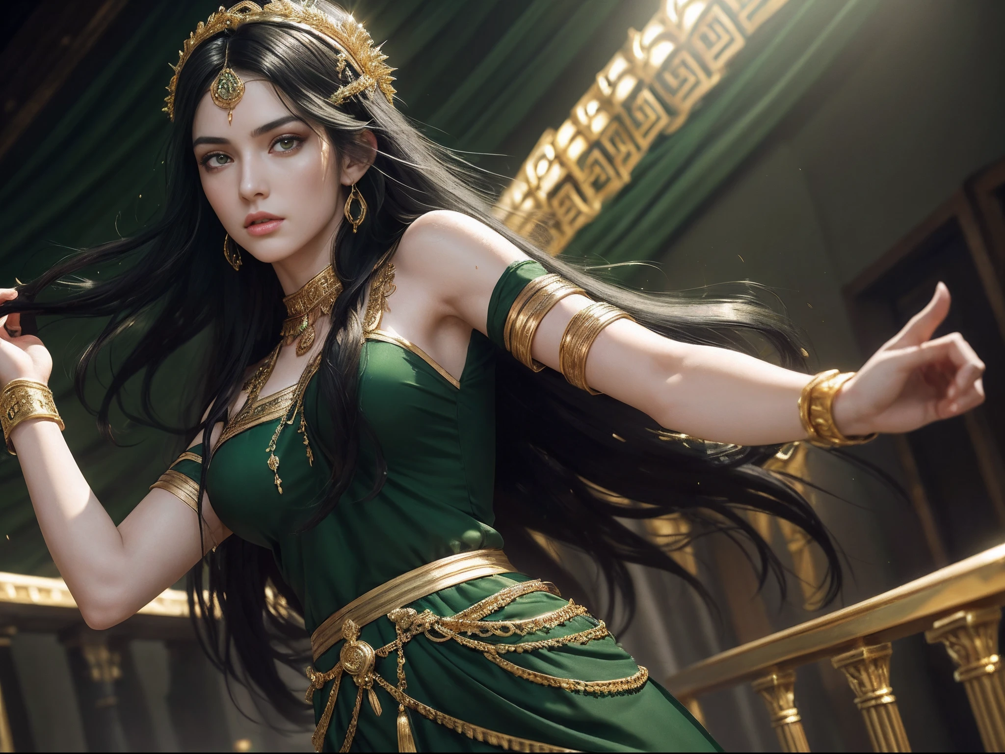 (A beautiful 25 years old female greek maiden), (long black hair), (pale skin), (detailed sweaty appearance), (serious face), (wearing green colored revealing greek maiden outfit with golden jeweleries), view from front, dynamic pose, ambient lighting, photo realism, intricate face detail, intricate hand details, highly detailed, vibrant colors, cinematic, high definition, trending on Artstation--style raw