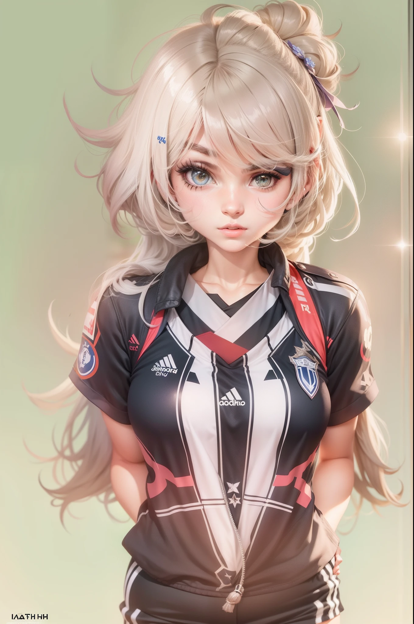 menina animo ,rosto feminino, loiro , uniforme de futebol , Kaveh (Impacto Genshin)