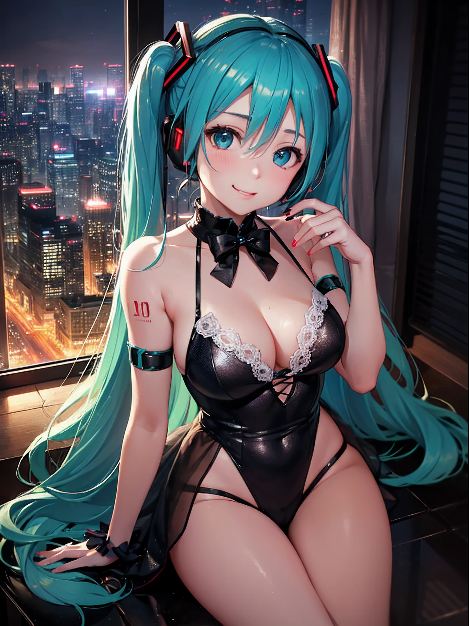 masutepiece、Best Quality、Illustration、 ultra-detailliert、hight resolution、8K Wallpapers、Perfect dynamic composition,、Beautiful detailed eyes、(Hatsune Miku's outfit:1.3)、Medium Hair、Ash gray hair、(Beautiful Large Breasts:1.3)、Natural Color Lip、Bold sexy poses、Smile、embarassed face、Blushing、Harajuku、20 years girl、Cute、Beautiful sister、Sexy shot looking at camera、60th floor of a tower apartment、Luxurious living room、You can see the night view from the window、nighttime scene、is standing、Naughty atmosphere、Erotic Poses、Evocative Pose、suggestive pose、Looming