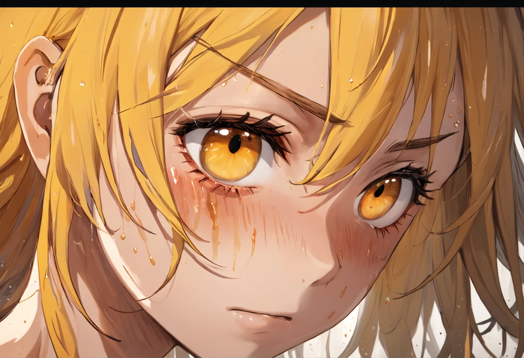 Illustration of an excerpt from a book: Uma pele quase branca com toque levemente amarelo. Cabelo encaracolado, preto. A scar sticking out of his forehead, passed through his eyelash and, it went halfway down the cheek. The tear trickled down the scar and faded as it dripped. Todo o redor dos dois se tornou mais escuro, as tochas tiveram as chamas enfraquecidas.