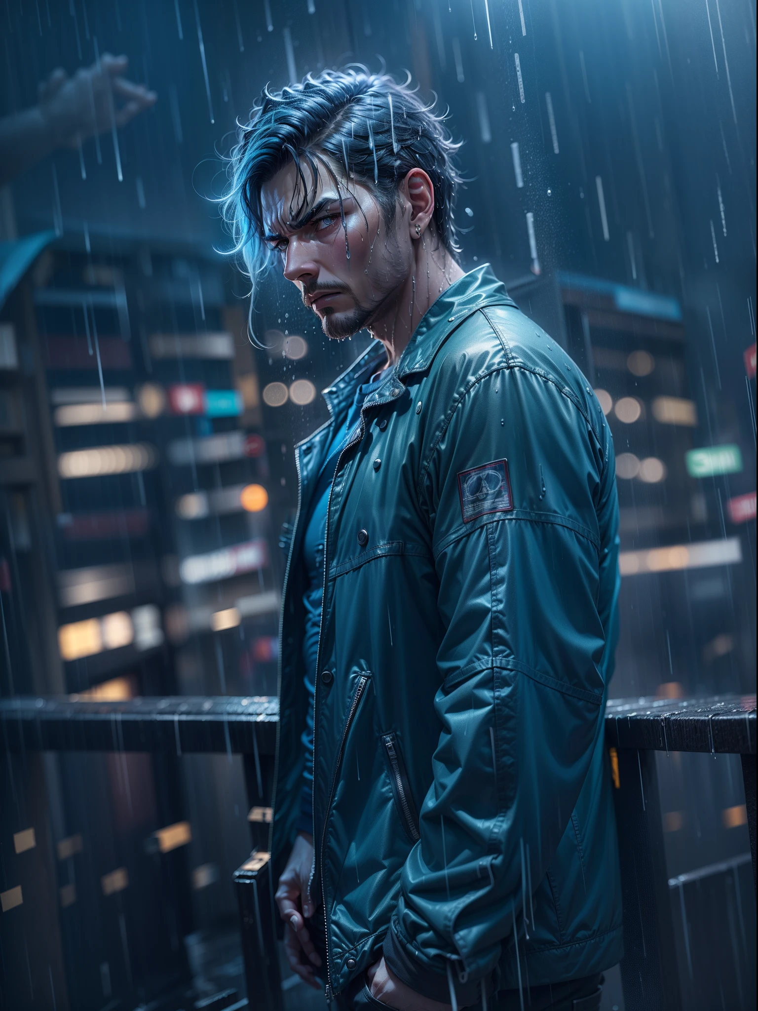 A sad man standing on the skycraper building with their loneliness, anger on the face, soaked wet building, rainy night, detailed portrait, wet in the rain, thunder lighting in the sky, dynamic pose, model pose, realistic face, detailed blue hairs, ray tracing with 8K UHD resolution.