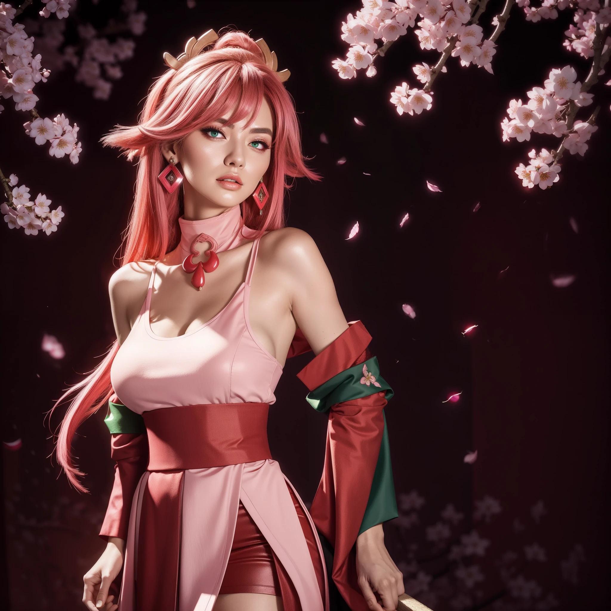(Masterpiece, Excellent, 1girl, solo, complex details, color difference), realism, ((medium breath)), off-the-shoulders, big breasts, sexy, Yae Miko, long pink hair, red headdress, red highlight, hair above one eye, green eyes, earrings, sharp eyes, perfectly symmetrical figure, choker, neon shirt, open jacket, turtleneck sweater, against the wall, brick wall, graffiti, dim lighting, alley, looking at the audience, ((mean, seductive, charming)), ((cherry blossom background ))),((Japanese temple background)))), (((Glow-in-the-dark background)))