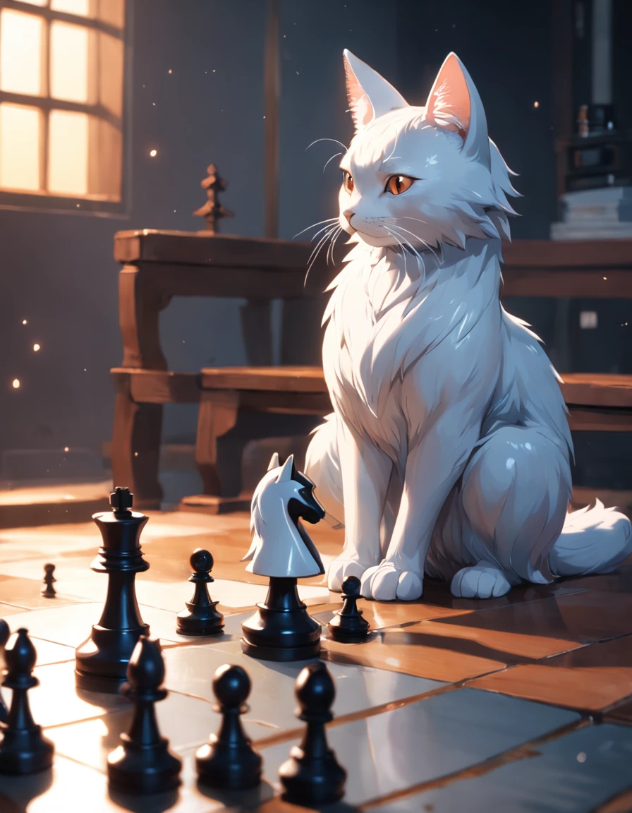 Mira hacia abajo en un juego de Go,El de Black Chess tiene la forma de un gato,White chess pawns are shaped like birds。