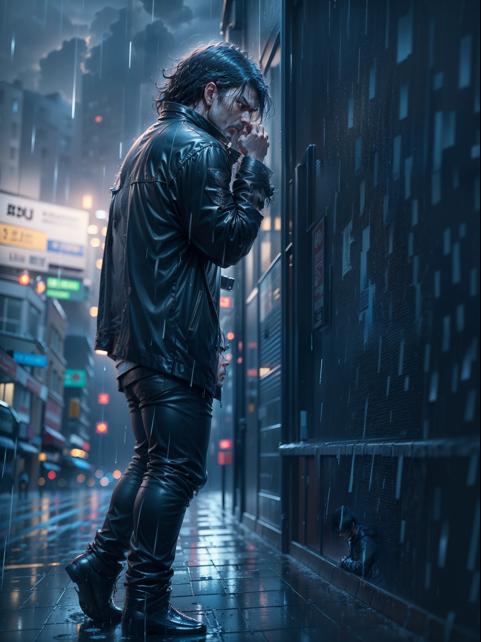 A sad man standing on the skycraper building with their loneliness, anger on the face, soaked wet building, rainy night, detailed portrait, wet in the rain, thunder lighting in the sky, dynamic pose, model pose, realistic face, detailed blue hairs, ray tracing with 8K UHD resolution.