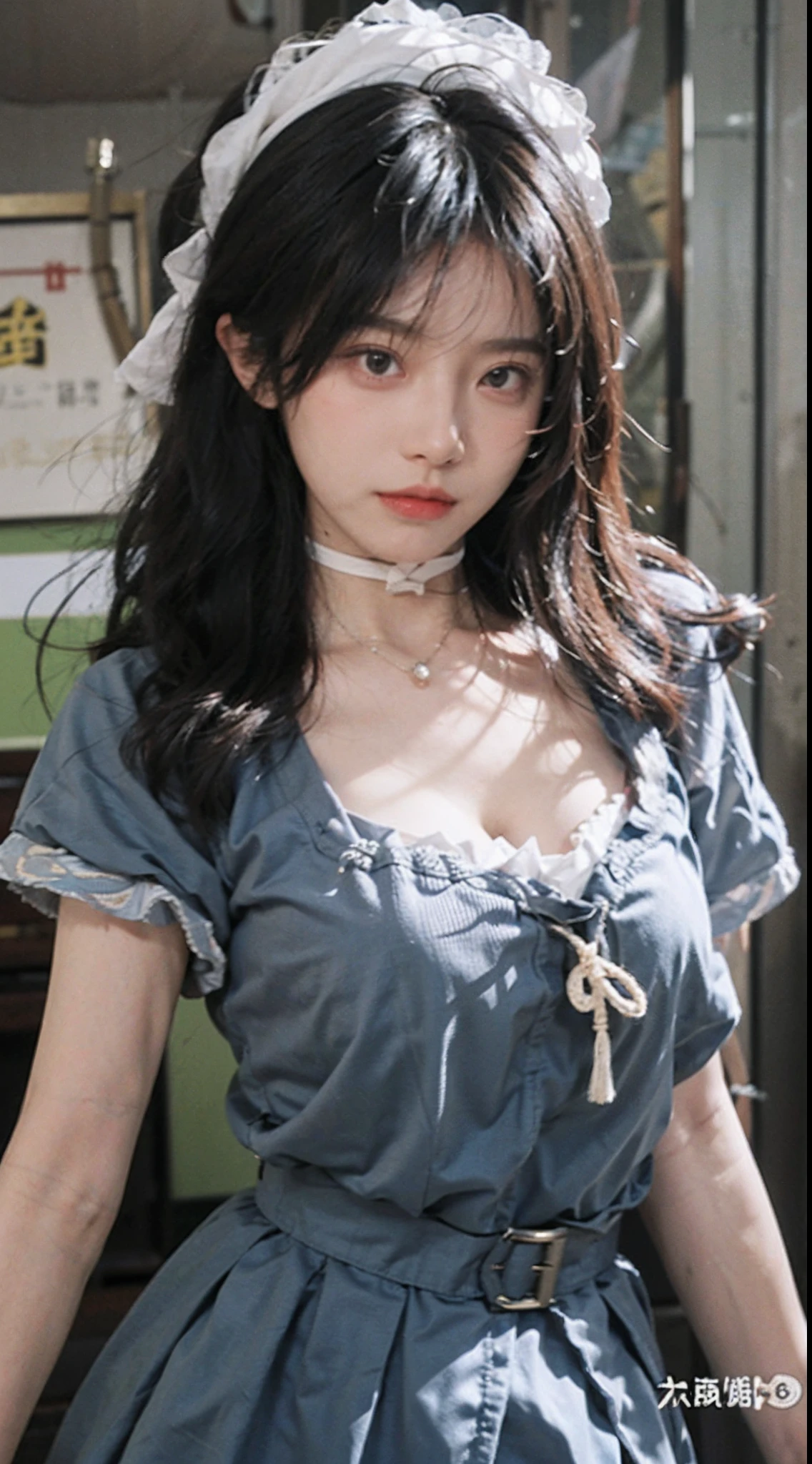 best qualtiy, 超高分辨率, (realisticlying:1.4),Baoyu Girl,1girll, with long coiled hair,Blushlush,Looking into the distance,nedium breasts,Lolita costume,Lolita uniform,a sense of atmosphere,Beautiful woman with a slim figure:1.4,Ultra-fine face,Elaborate Eyes,二重まぶた,choker necklace
