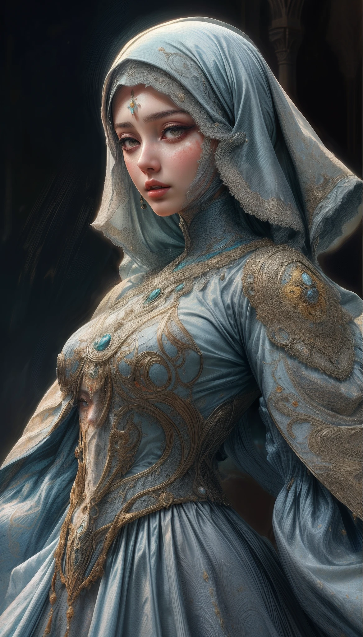 Very Beautiful European princess face very Beautiful Woman islamic dress caftan moroccan covers her whole body hyper realistic super detailed Dynamic shot master piece super detailed