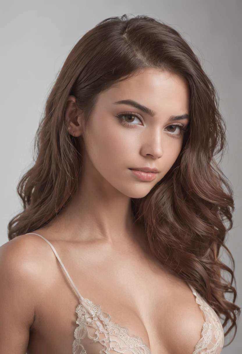 mulher sexy, 20 anos, esguio, atletic, pele bronzeada brilhante, Seios enormes, cintura fina, cabelos loiros cacheados, lingerie branca, Realistic, fotografia, real, natural