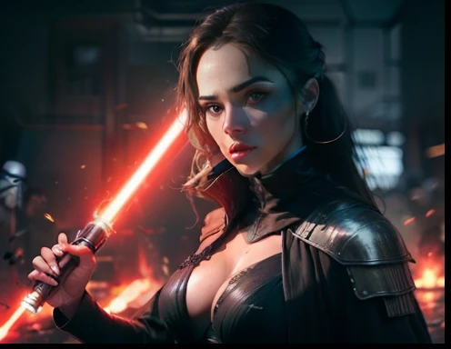 Detailed wide lens image of Lindsey Strutt fully clothed as a Sith Inquisitor, Star Wars, flowing long hair, stunning, toned, alluring, perfect face, gorgeous soft skin, red lightsaber, dark image, destruction behind