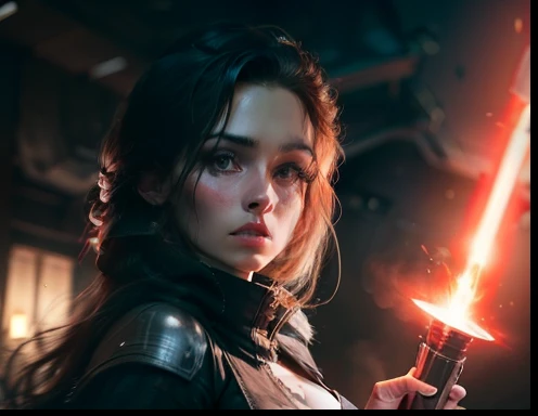 Detailed wide lens image of Lindsey Strutt fully clothed as a Sith Inquisitor, Star Wars, flowing long hair, stunning, toned, alluring, perfect face, gorgeous soft skin, red lightsaber, dark image, destruction behind